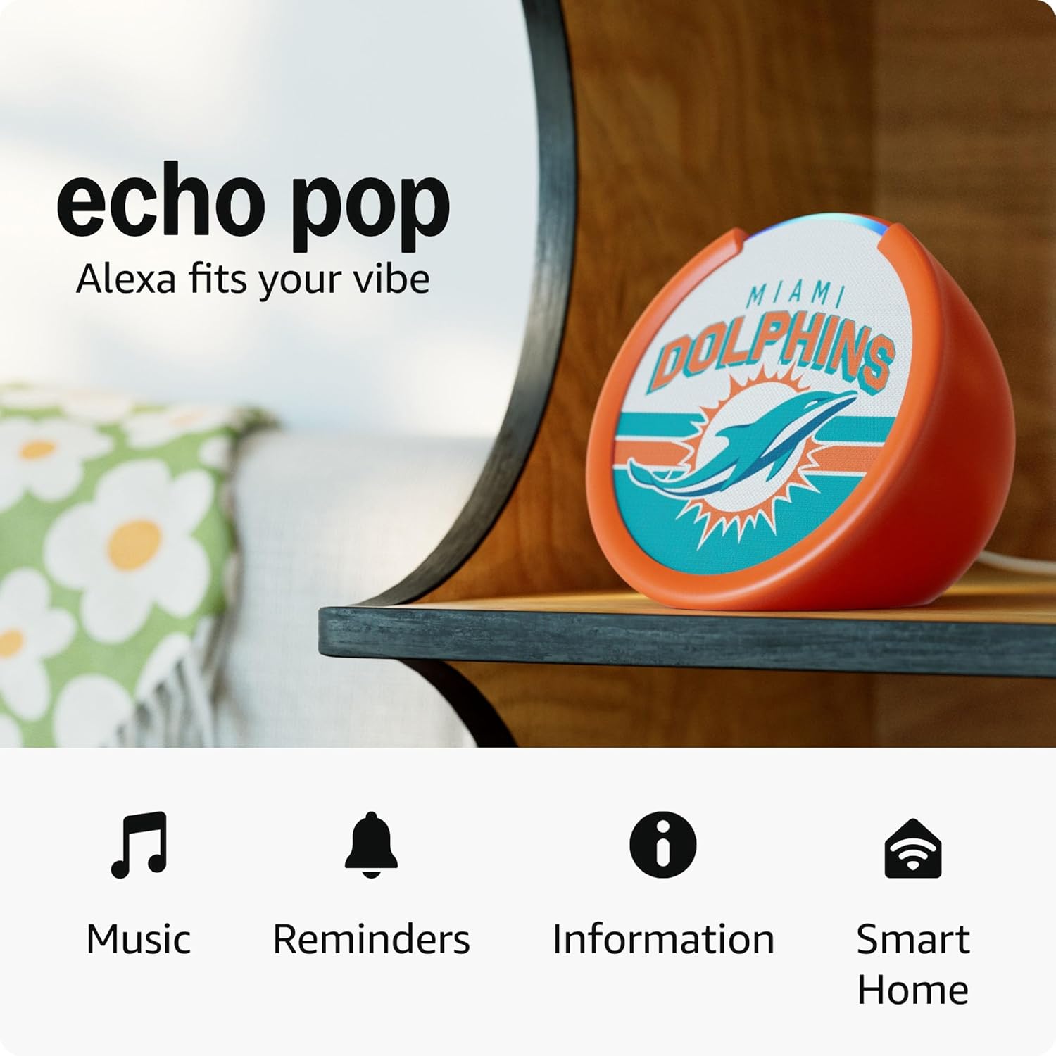 Amazon Echo Pop (newest model) | Officially Licensed NFL Limited-Edition | Miami Dolphins (’25-26 Season Design)