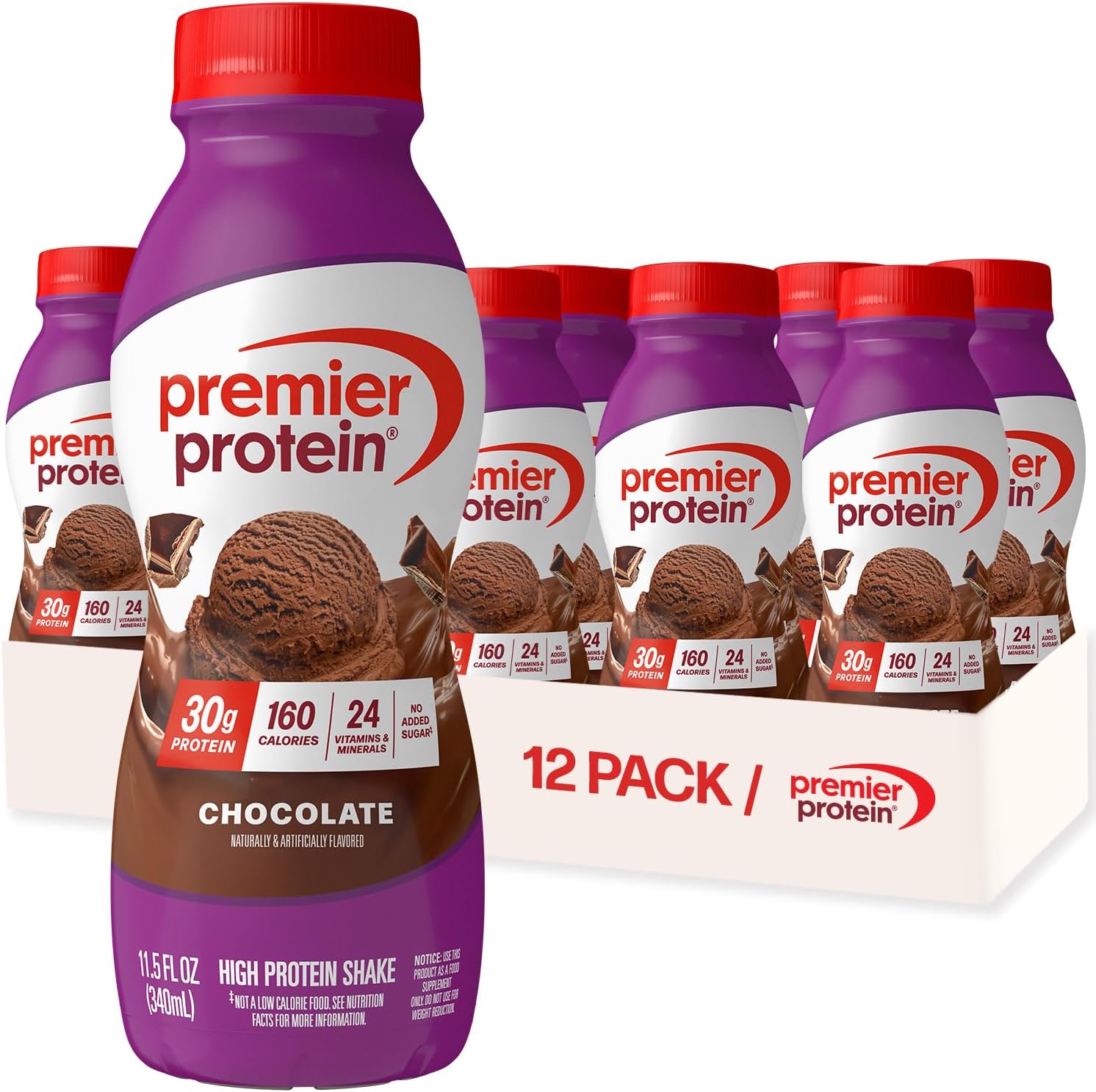 Premier Protein Shake, Chocolate, 30g Protein, No Added Sugar, 24 Vitamins & Minerals to Support Immune Health, 11.5 fl oz, 12 Pack