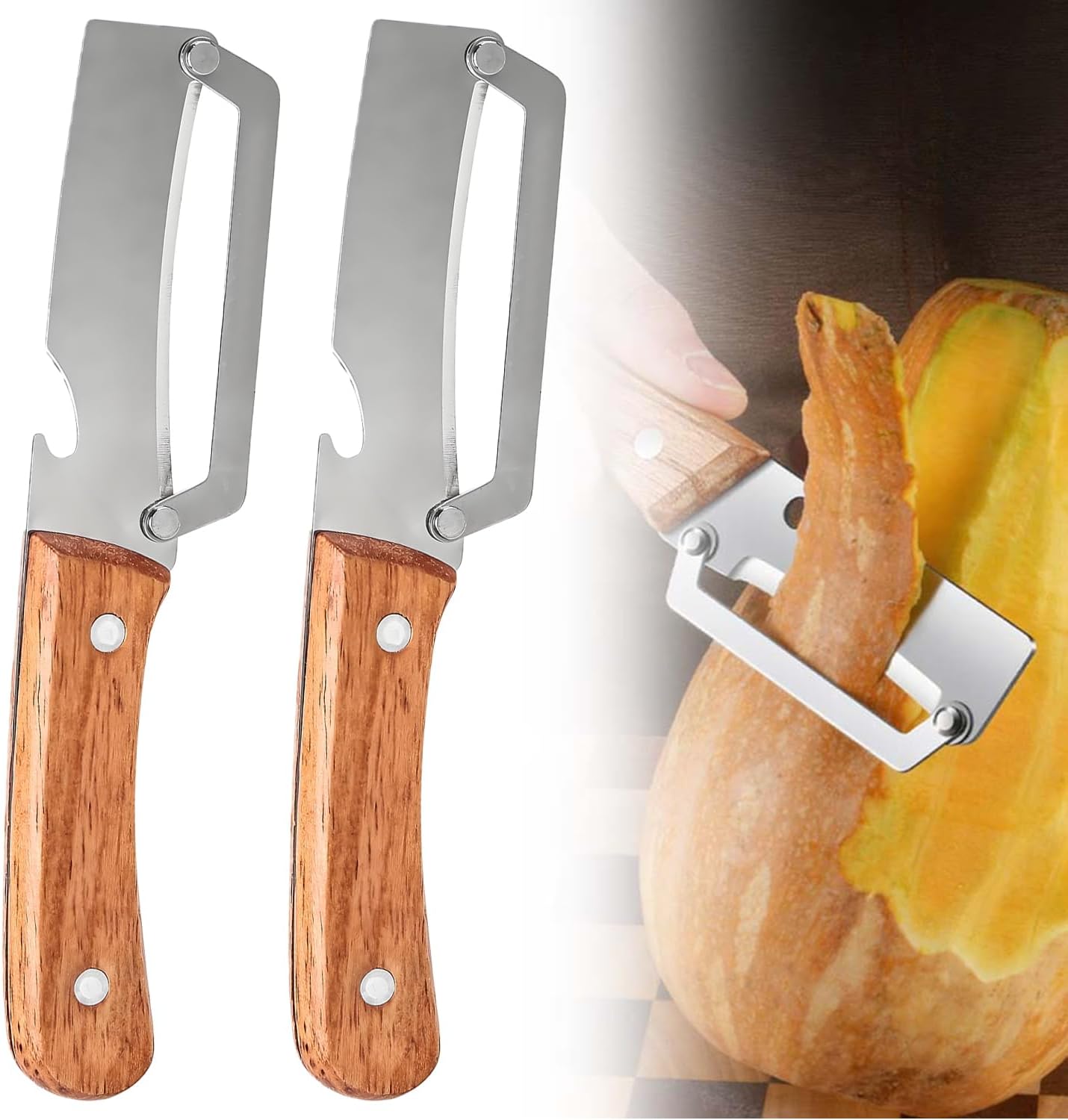 Vegetable Peeler with Wooden Handle, Multifunctional Fruit Peeler for Kitchen, Stainless Steel Blade Peeler with Built-in Bottle Opener (2PC)