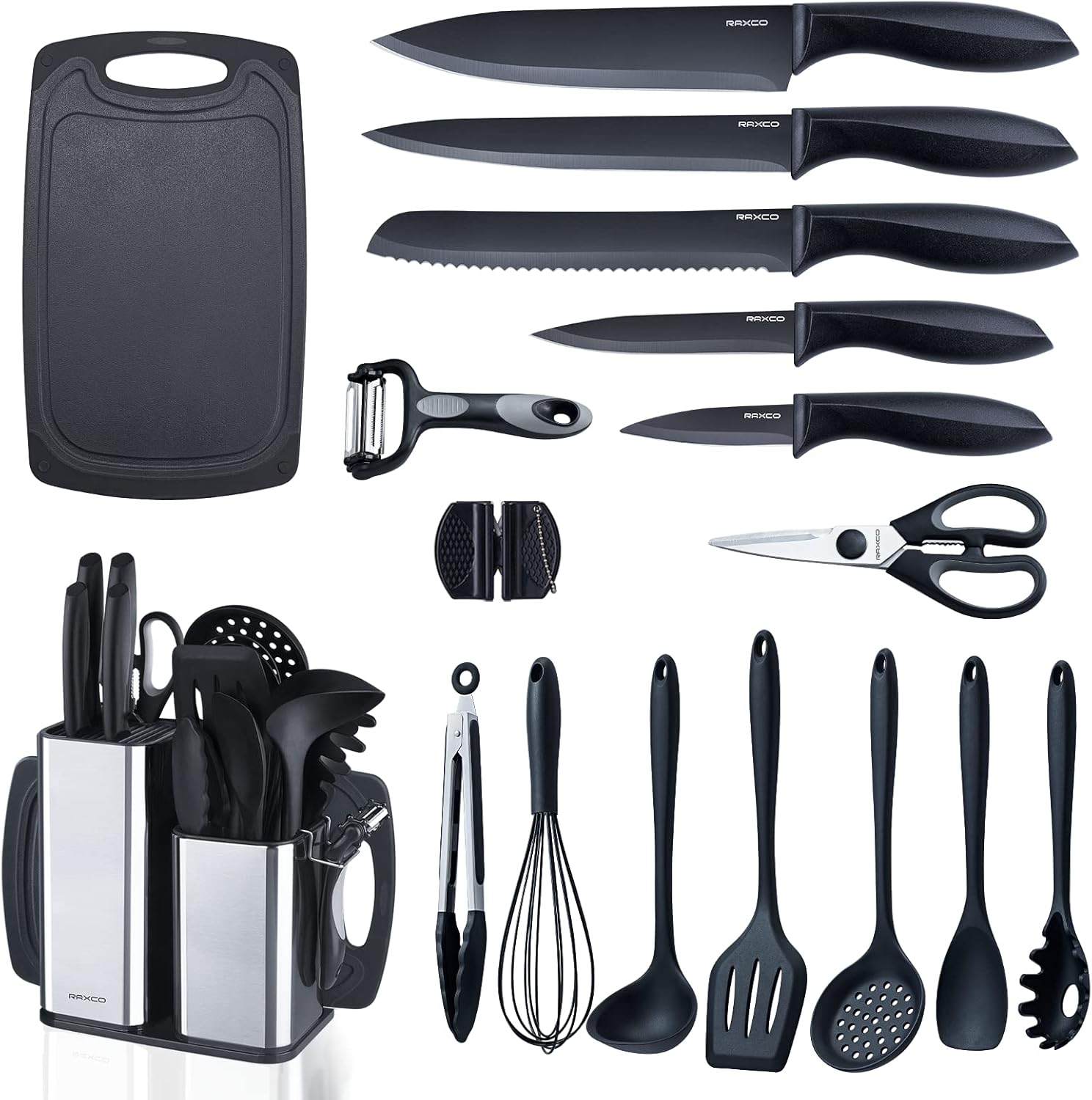 RAXCO Kitchen Utensils Set For Cooking-7 Cooking Utensils,5 Kitchen Utensils,6 Knife set,utensilios de cocina(18-in-1) (Black)