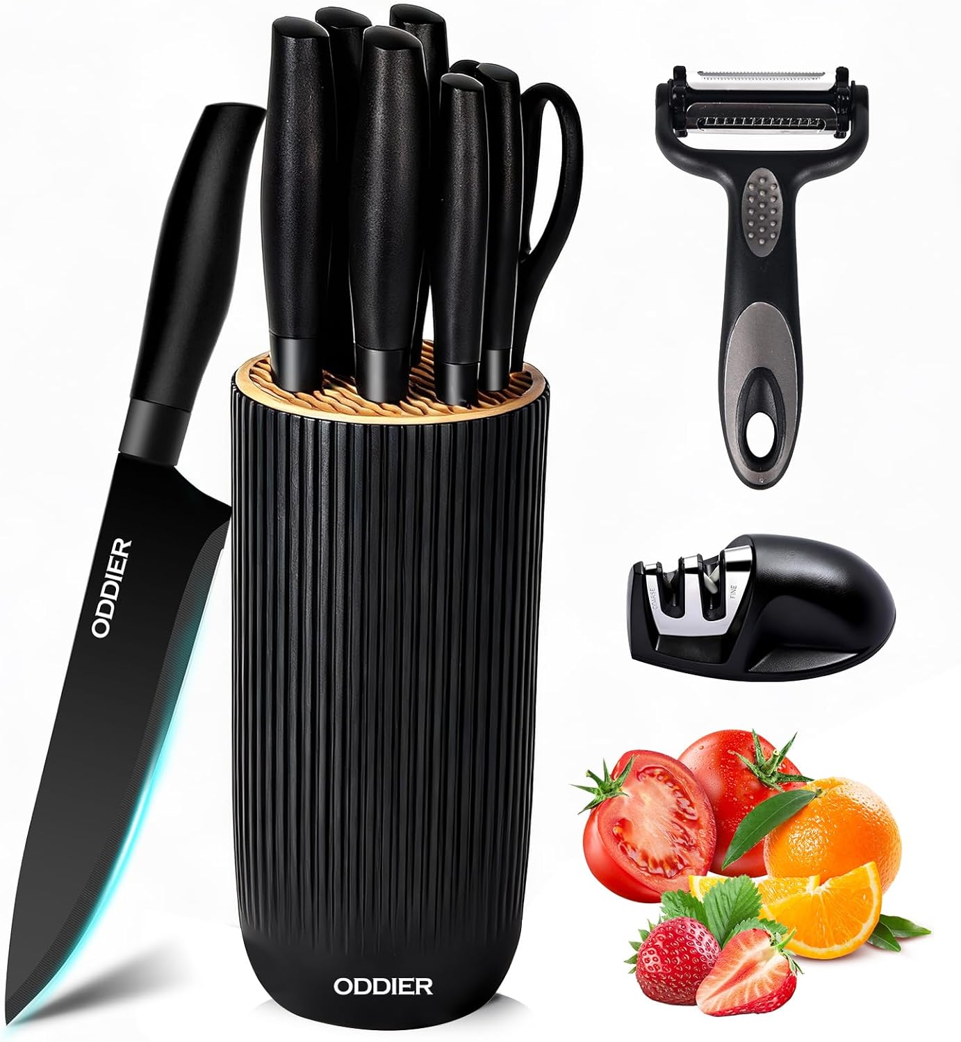 Knife Set, 10 Piece Kitchen Knife Set, Stainless Steel Knives Set for Kitchen, Universal Knife Block Set, Kitchen Kinfe Essentials, New Home Apartment Essentials, Dishwasher Safe (Black)