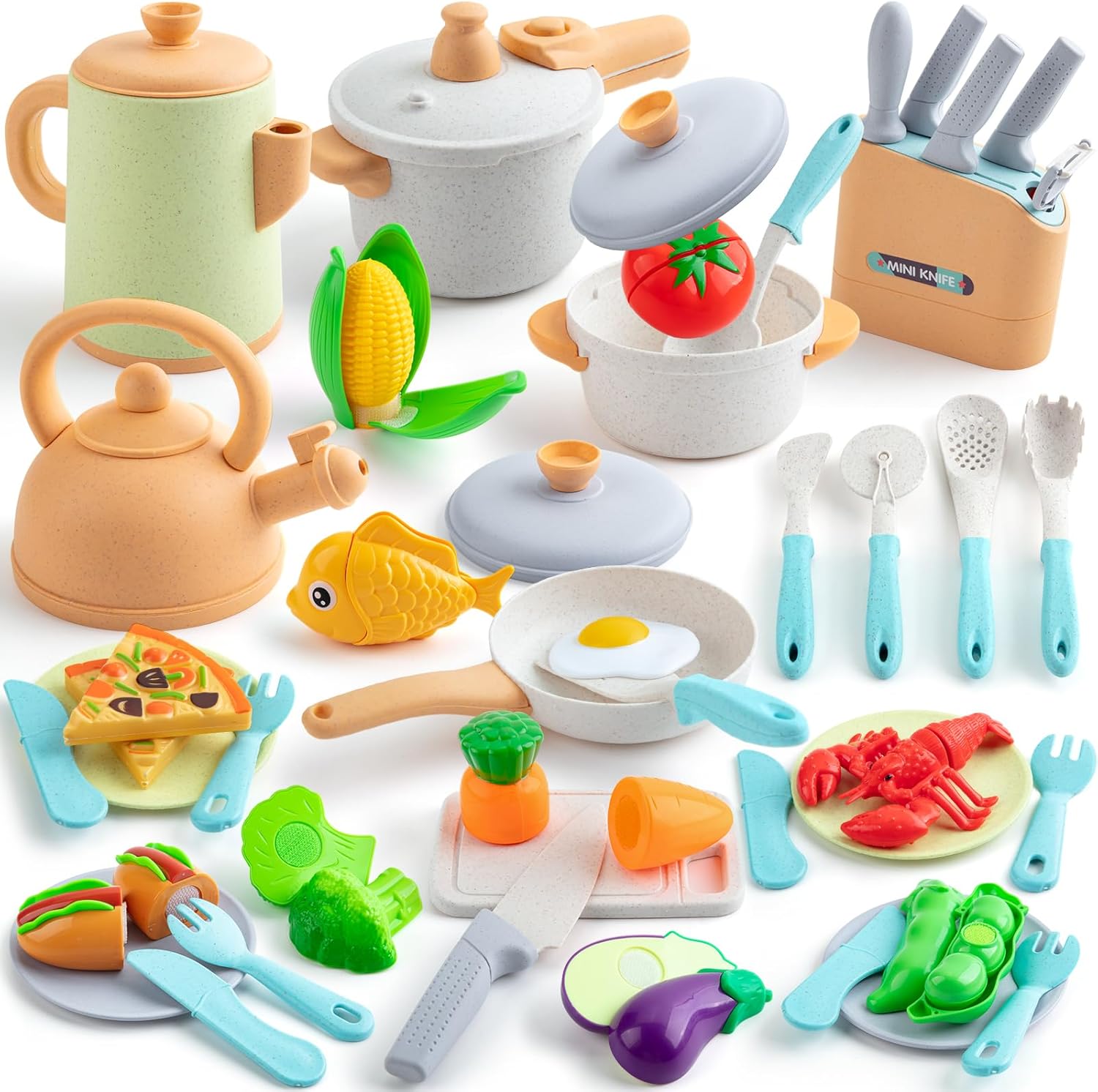 Kids Play Kitchen Accessories, 42Pcs Toddlers Pretend Toy Kitchen Playset Cooking Sets with Pressure Pots and Pans, Cookware, Utensils, Cutting Play Food Preschool Education Toys Gift for Girls Boys