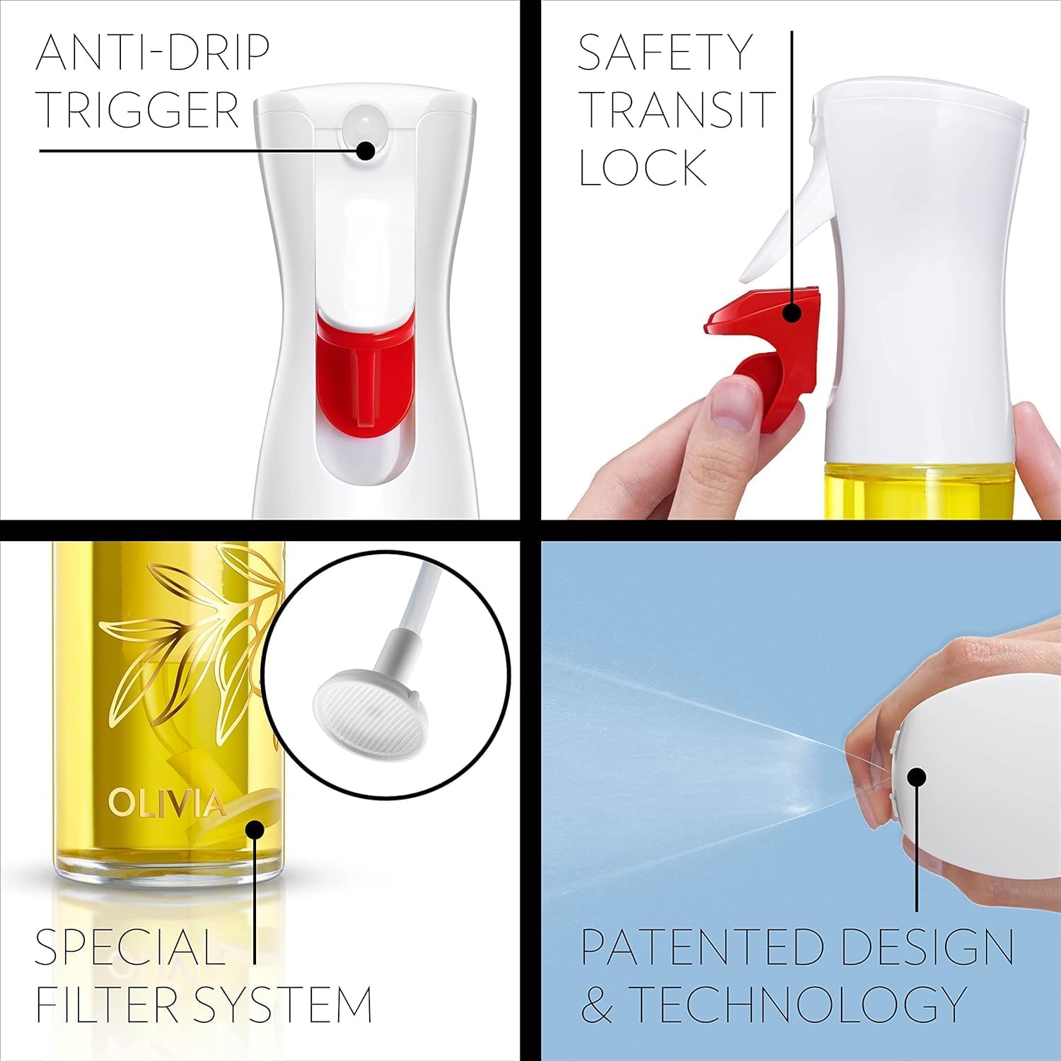 FLAIROSOL OLIVIA SIGNATURE Advanced Kitchen Oil Sprayer Technology, Fine Mist & Portion Control, Refillable Glass Olive Oil Cooking Spray Bottle for Air Fryer, Salad, BBQ, 130ml (Golden Leaves)