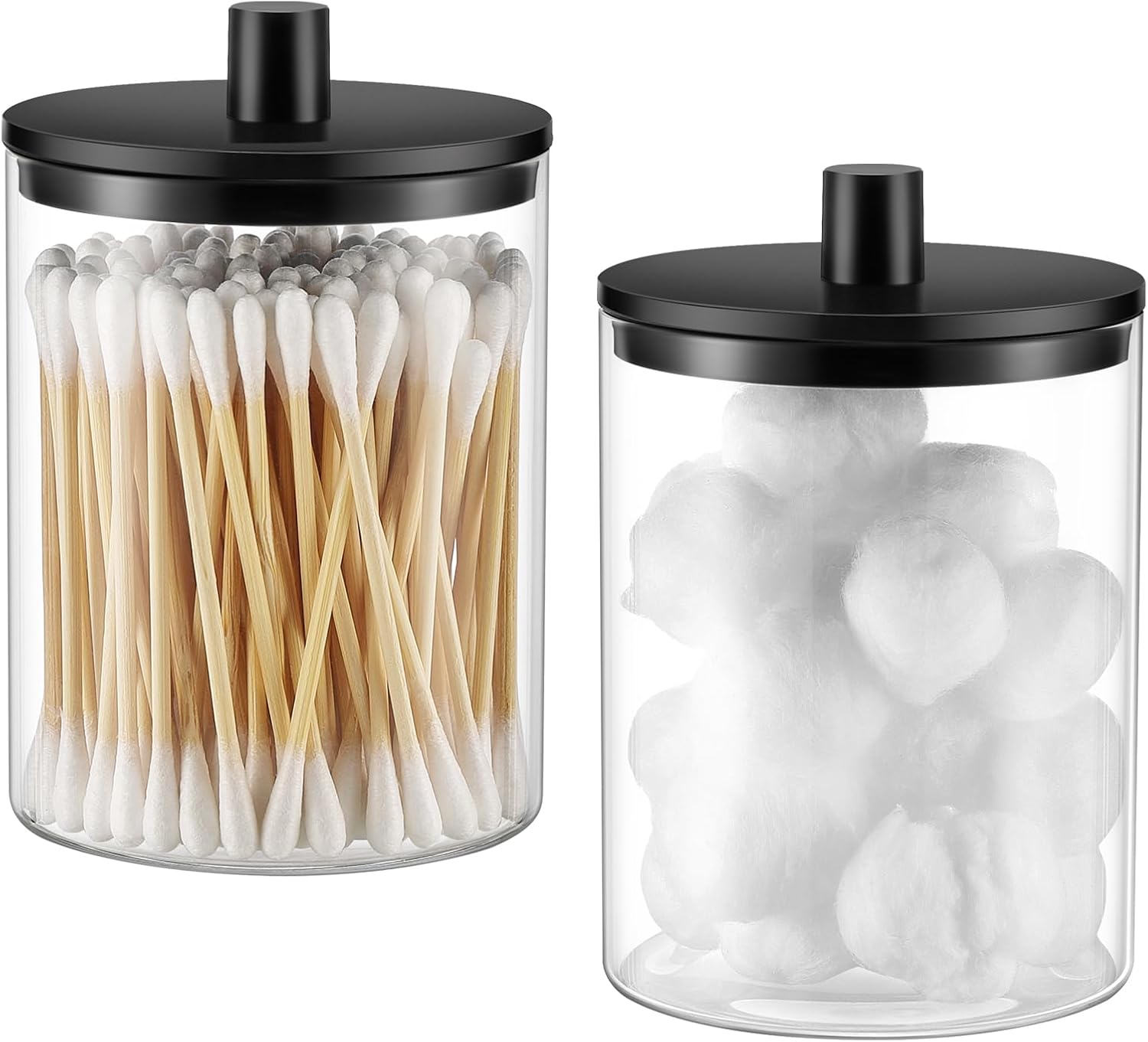 TIPGO Glass Qtip Holder Dispenser – 10 oz Clear Canister Apothecary Jar, Bathroom Vanity Storage Organizer Set for Cotton Swabs, Pads, Floss Picks, Small Containers for Makeup Storage (2 Pack, Black)