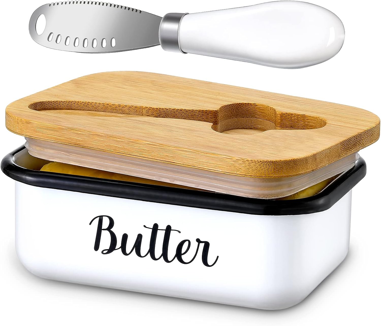 LANDNEOO Butter Dish with Lid and Butter Curler Knife – Unbreakable Stainless Steel Keeper Container with Double Silicone Sealing, for Kitchen Farmhouse Decor