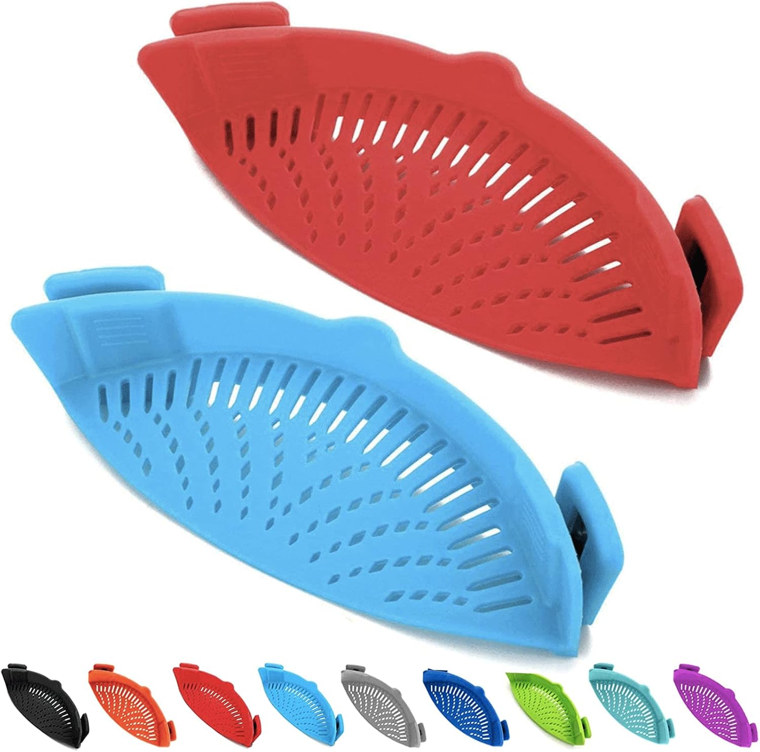 2 Pcs Clip on Strainers, Pot Strainer for Pasta Meat Vegetables Fruit, Silicone Strainer – Fit All Pots and Bowls.