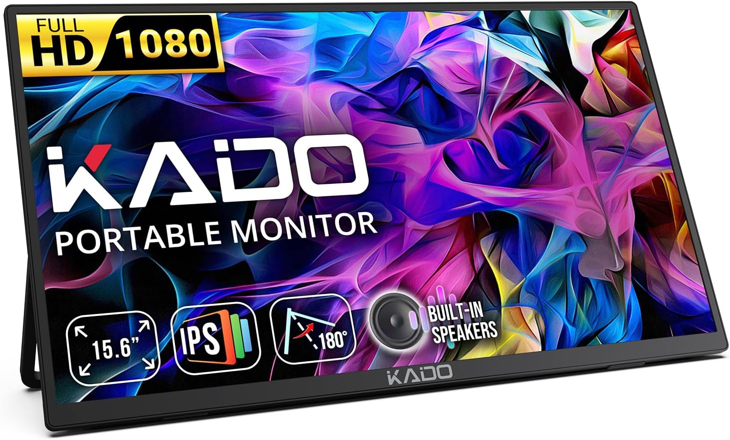 Kado Portable Monitor 15.6-Inch FHD 1080p, 45W Reverse Charging USB-C mini-HDMI Gaming Monitor IPS Display Built-in Speakers, Second Display 180° Kickstand for Laptop PC Phone Mac Xbox PS4/PS5 Switch