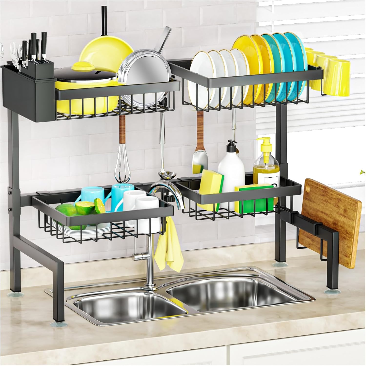 SNSLXH 4 Baskets 2-Tier Over The Sink Dish Drying Rack, 26.57″-35″, Large Sink Rack for Kitchen, Extensible and Adjustable, Saving Kitchen Space