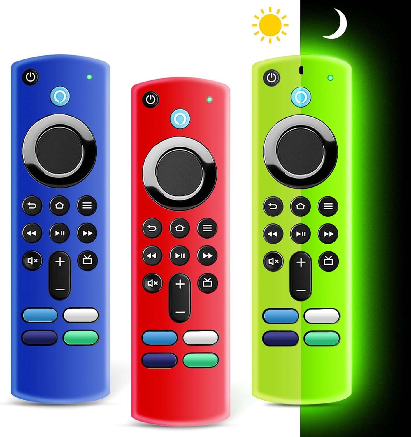(3 Pack) ONEBOM Firestick Remote Cover 3rd Gen with Alexa Voice Remote 4K,Fire TV Stick Case Glow in The Dark,Anti Slip Shockproof Silicone Protective Case with Lanyard(Glow Green&Blue&Red)