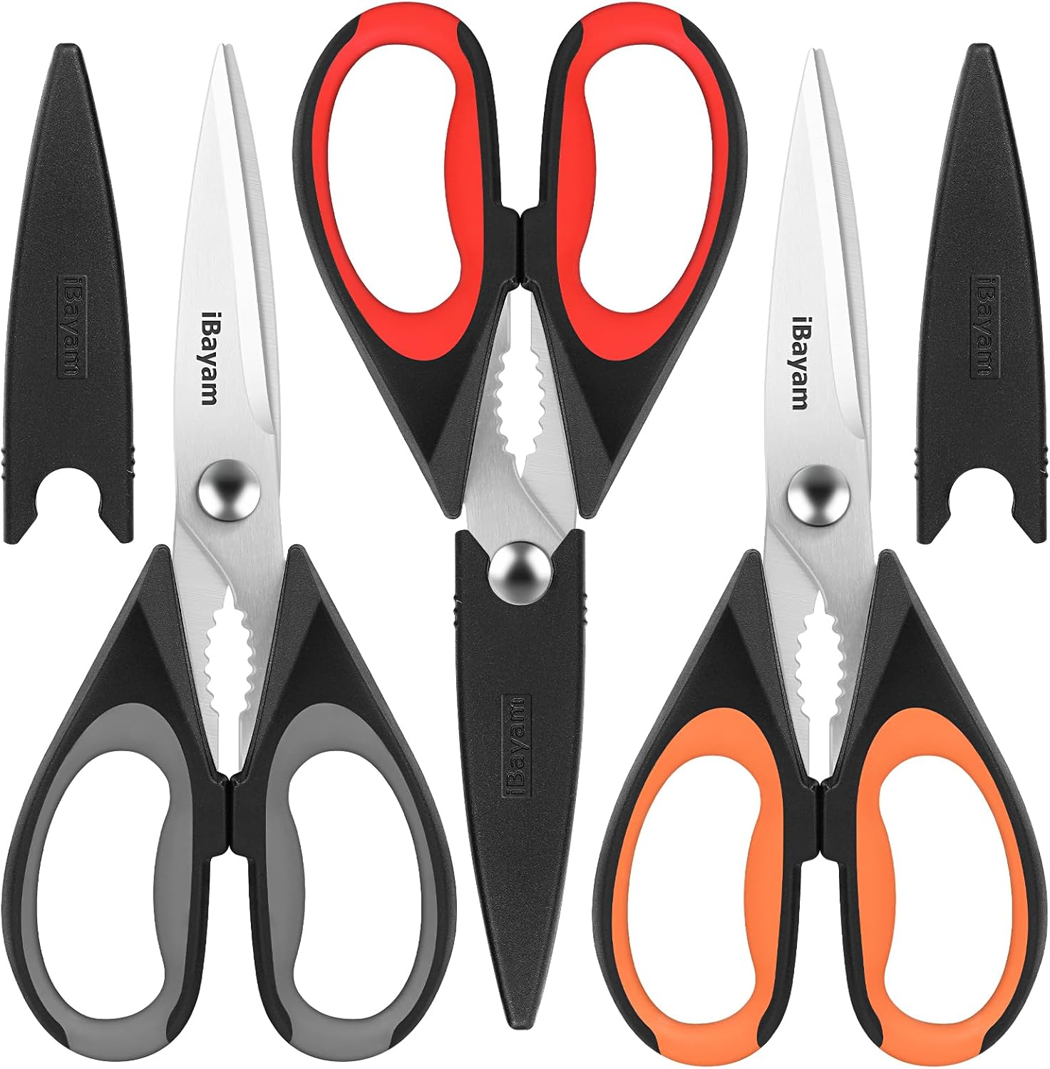 iBayam 3-Pack 8.5″Kitchen Scissors All Purpose Heavy Duty with Protective Sheath, Soft Grip Comfort Handle, Dishwasher Safe Kitchen Utensils Gadgets Set, Stainless Cooking Meat Poultry Food Shears