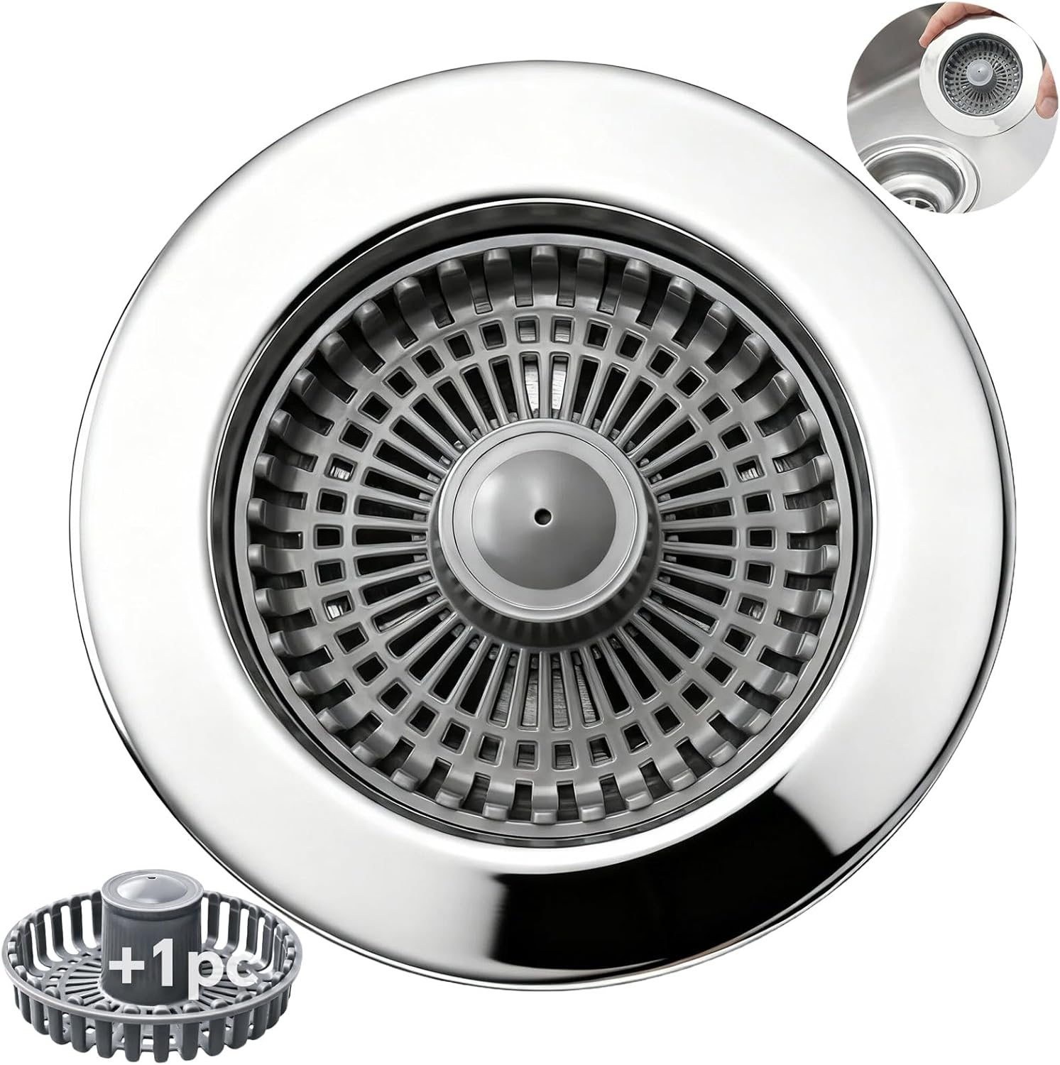 Solid Brass Body 3-in-1 Kitchen Sink Drain Strainer & Stopper, Heavy Duty Pop Up Plug Assembly with 2 Baskets, Anti-Clog Replacement for US Standard 3-1/2 Inch Drains, Rust-Proof Silver