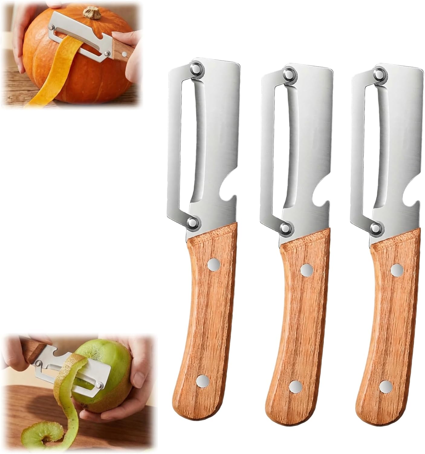 Multi-Functional Vegetable Peeler for Kitchen, New Ultra-Sharp Stainless Steel Blade with Wooden Handle and Bottle Opener, For Fruits and vegetables (3 Pcs)