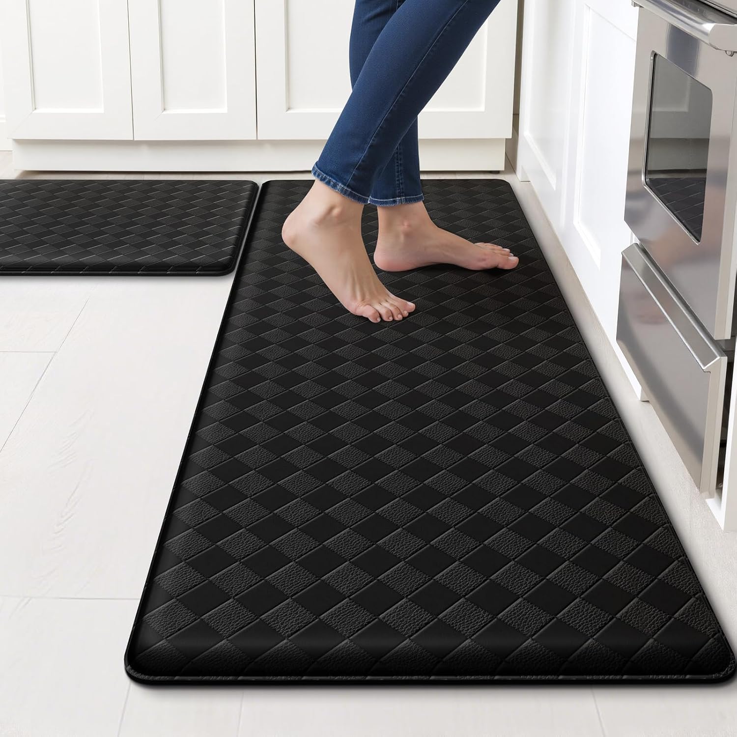 TranquilRelax Kitchen Mats, 2PCS Kitchen Rugs, Cushioned Anti Fatigue Kitchen Mats for Floor, Non-Slip Standing Sink Mat, Waterproof Kitchen Rug Set for Kitchen Floor Office,17.3″×30″+17.3″×47″ Black