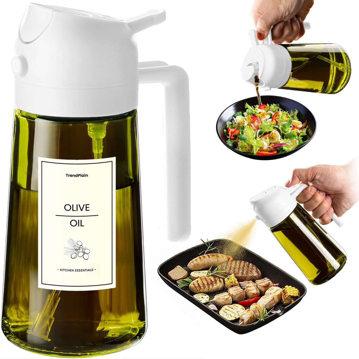 TrendPlain – Original 16oz/470ml Olive Oil Dispenser Bottle for Kitchen Gadgets and Air Fryer Accessories – Olive Oil Sprayer for Cooking w/Stickers – White
