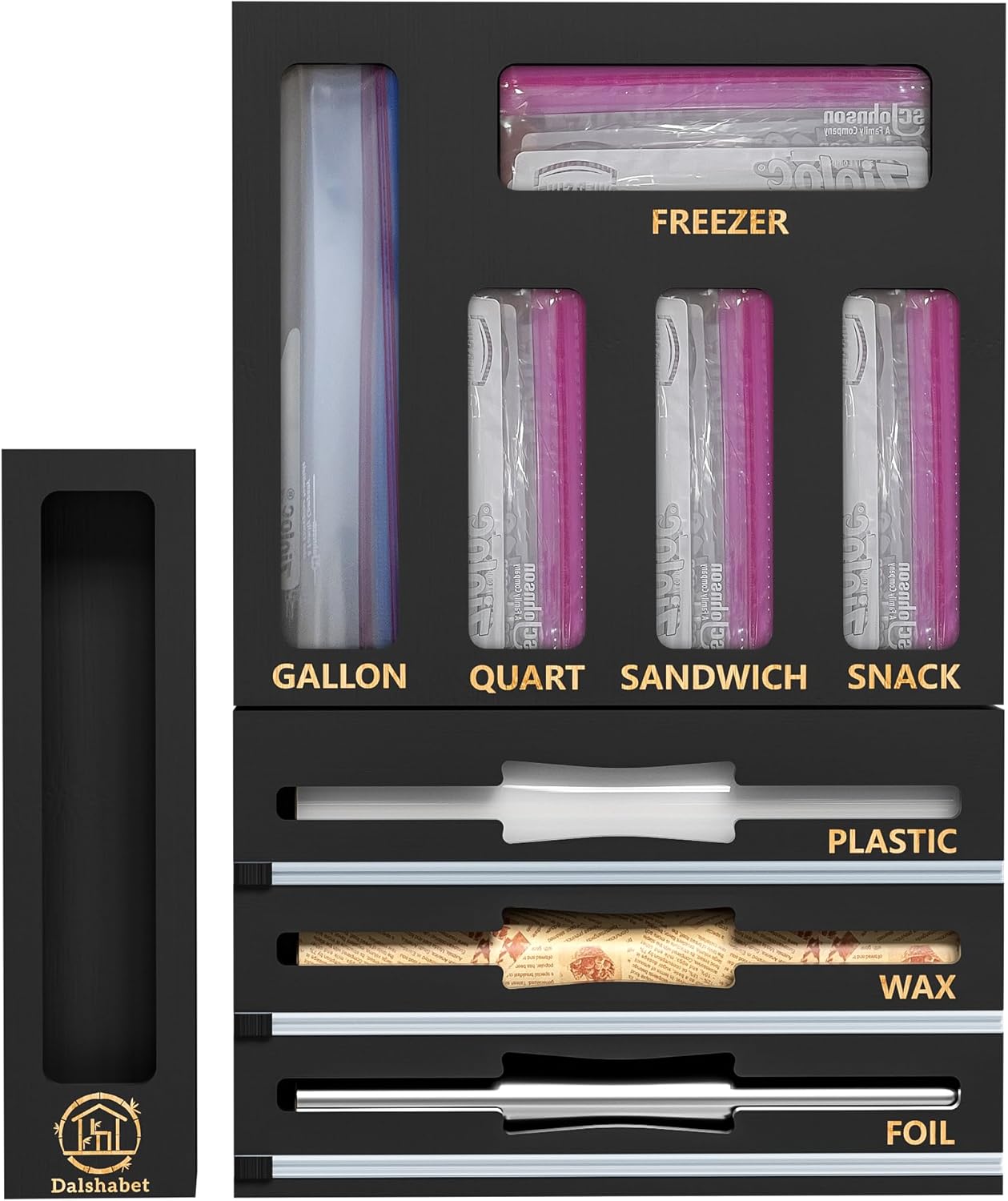 DALSHABET 9 IN1 Bamboo Storage Bag Drawer Organizer with Cutter, Foil and Plastic Wrap Dispenser for Kitchen Storage Compatible with All Brands Gallon, Quart, Sandwich & Snack Size Bags – Black