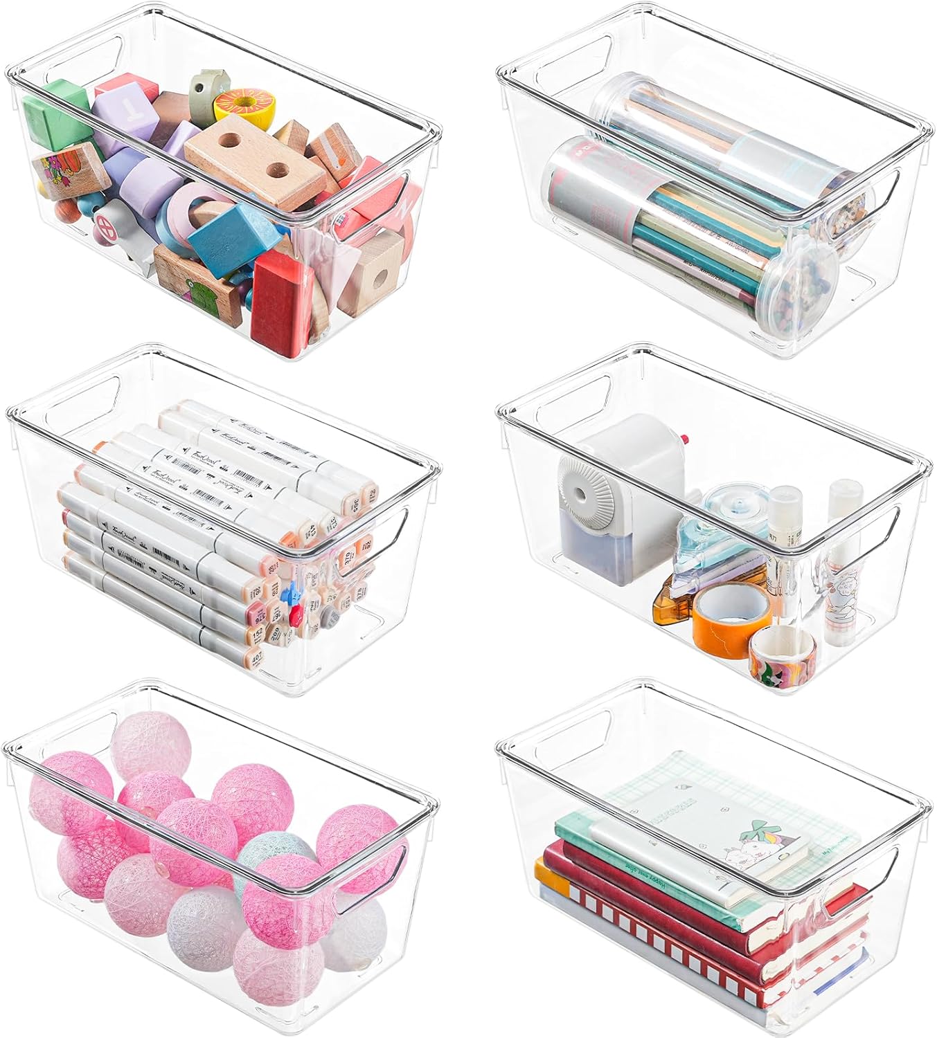 6 Pack Small Clear Storage Bins with Lids, Acrylic Arts and Craft Storage Containers, Stackable Clear Plastic Craft Storage Bins with Handles for Pantry Organizers and Storage, Kitchen, Fridge, Office