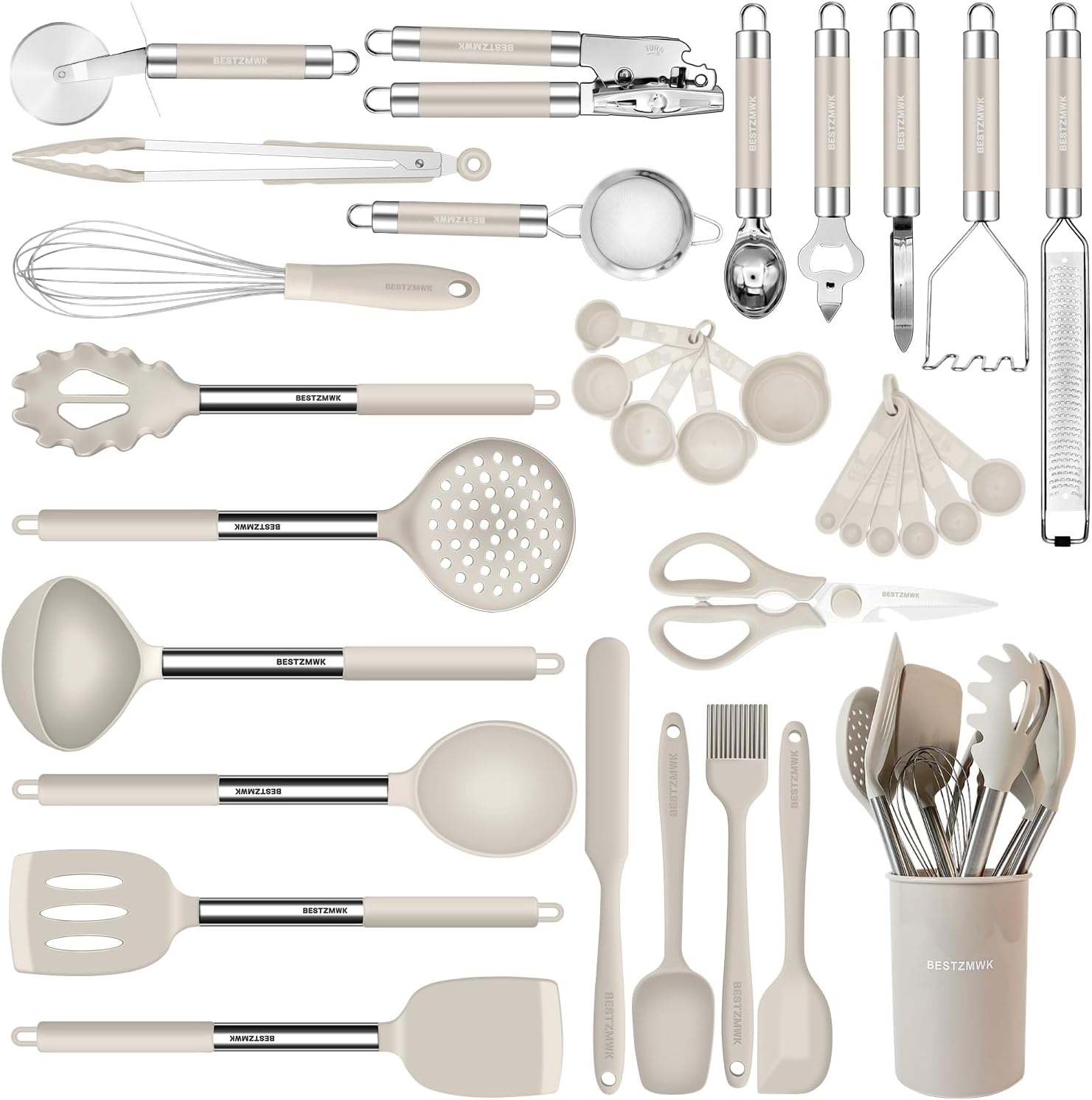 Kitchen Utensils Set-Silicone Cooking Utensils-33pcs Non-Stick Silicone Cooking Kitchen Utensils Spatula Set with Holder-Best Kitchen Cookware with Stainless Steel Handle (Khaki)