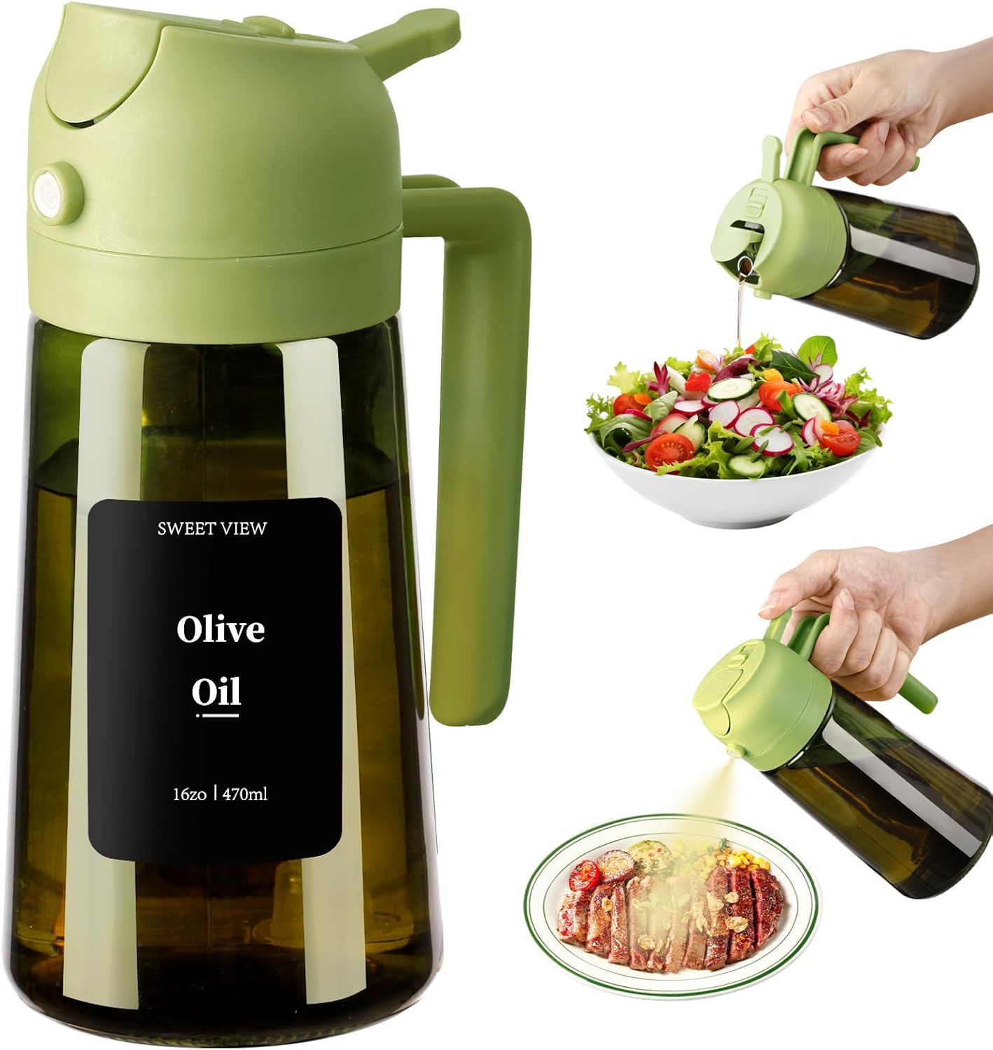 SWEET VIEW Olive Oil Dispenser and Oil Sprayer – 16oz/470ml Glass Light-Proof Oil Pourer for Kitchen, Air Fryer, Cooking, Salad, and BBQ