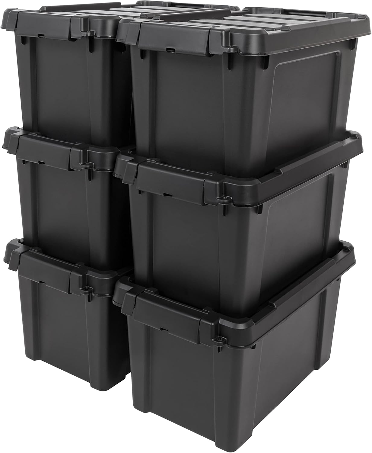 IRIS USA 5 Gallon Lockable Storage Bins with Lids, 6 Pack – Made in USA, Heavy Duty, Stackable Containers, Garage Organizing Bins Moving Tubs, Rugged Sturdy Equipment Utility Box – Black