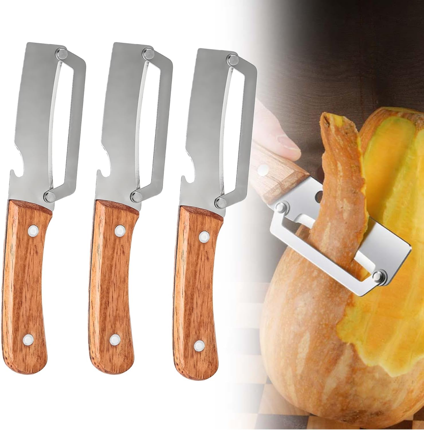 Vegetable Peeler with Wooden Handle, Multifunctional Fruit Peeler for Kitchen, Stainless Steel Blade Peeler with Built-in Bottle Opener (3PC)