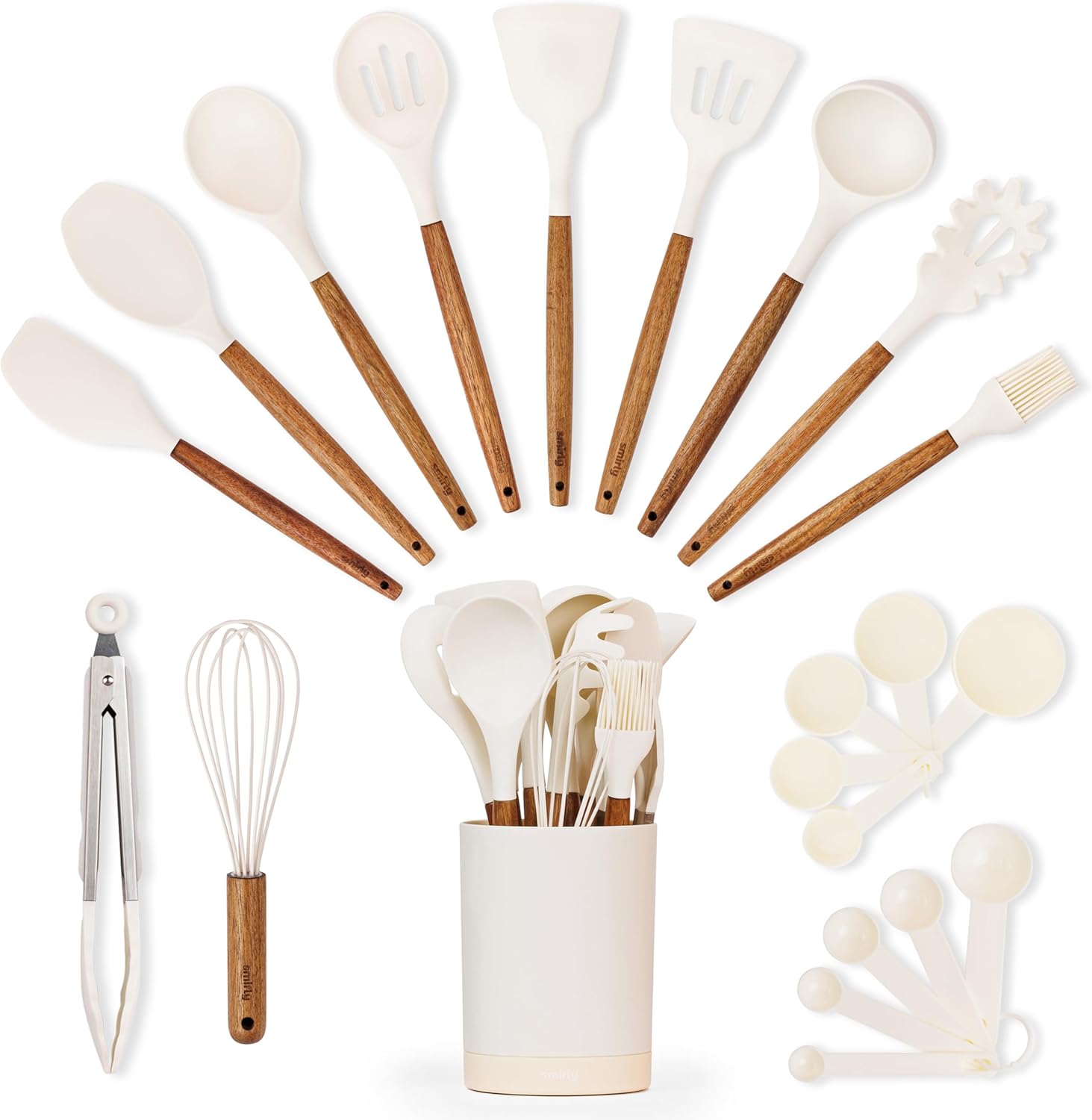 Silicone Kitchen Utensils Set & Holder: Cooking Utensils Set – Kitchen Essentials for New Home & 1st Apartment- Silicone Spatula Set, Cooking Spoons for Nonstick Cookware (Acacia Wood, Cream White)