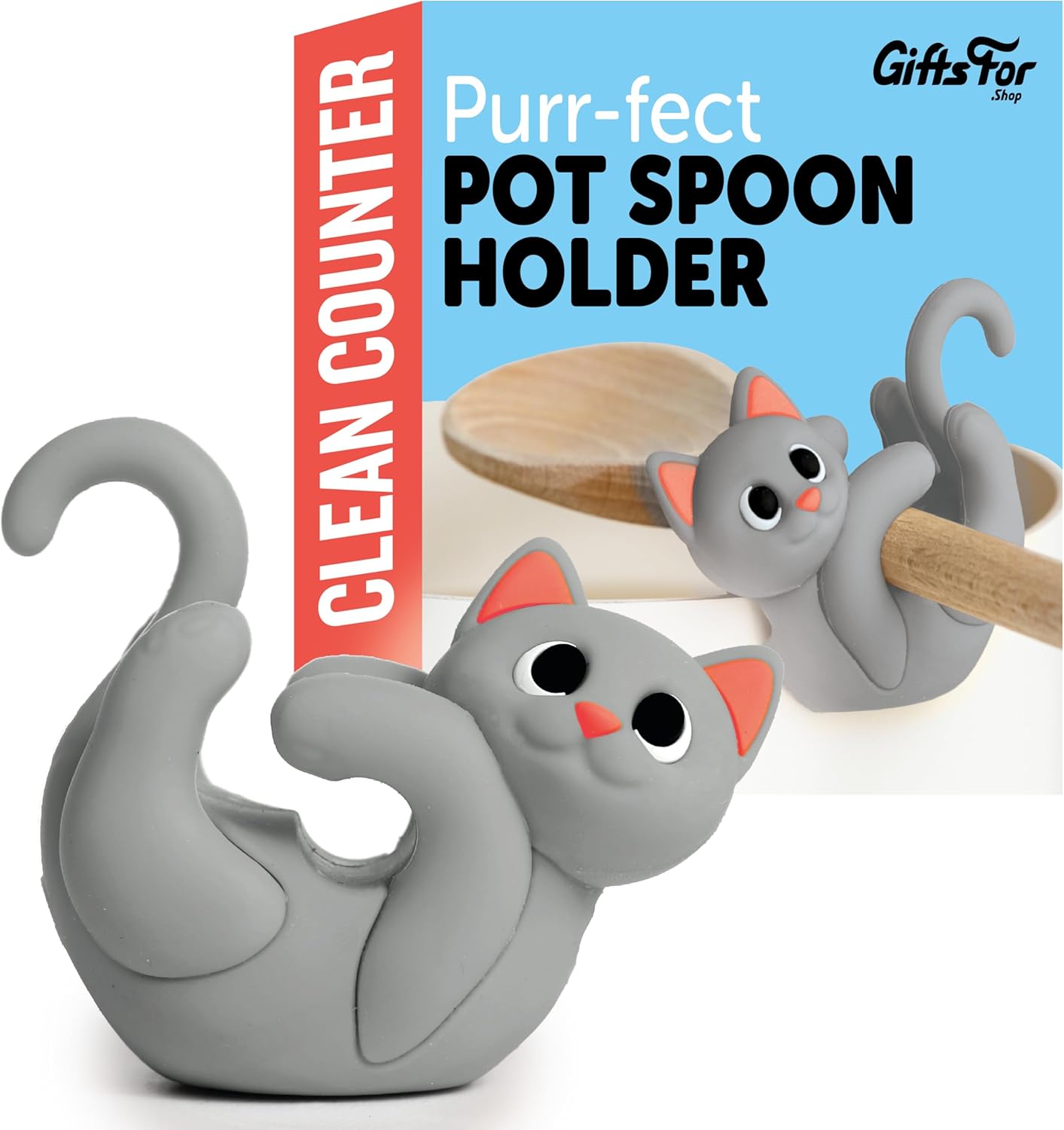 Gray Cat Spoon Rest for Stove Top – Silicone Pot Clip Utensil Holder & Lid Lifter – Funny Kitchen Gadget, Unique Grey Tabby Cat Gifts for Women – 3″ x 2.5″