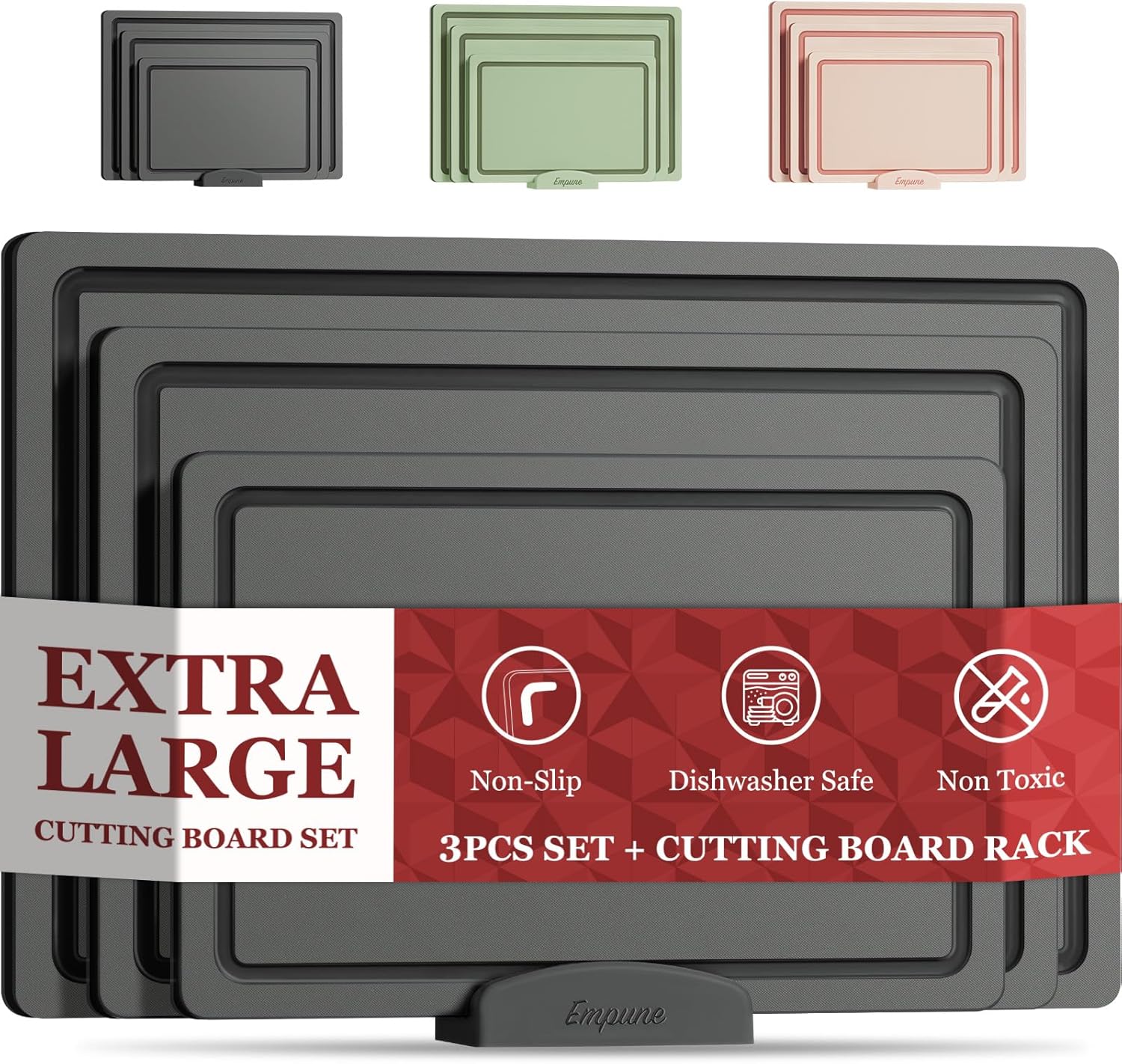 Empune Plastic Cutting Board Set, Recycled Plastic Cutting Boards for Kitchen (Set of 3), Dishwasher Safe Large Chopping Board with Holder, Non-slip Feet and Juice Grooves, Nonporous, Grey