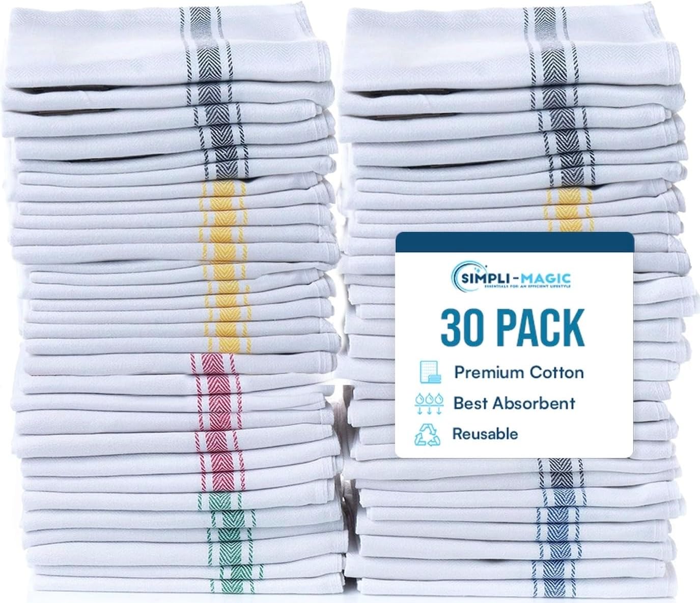 Simpli-Magic Cotton Herringbone Dish Towels, 15″x25″ (30 Pack) – High Absorbent Kitchen Hand Towels (Multi-Color)