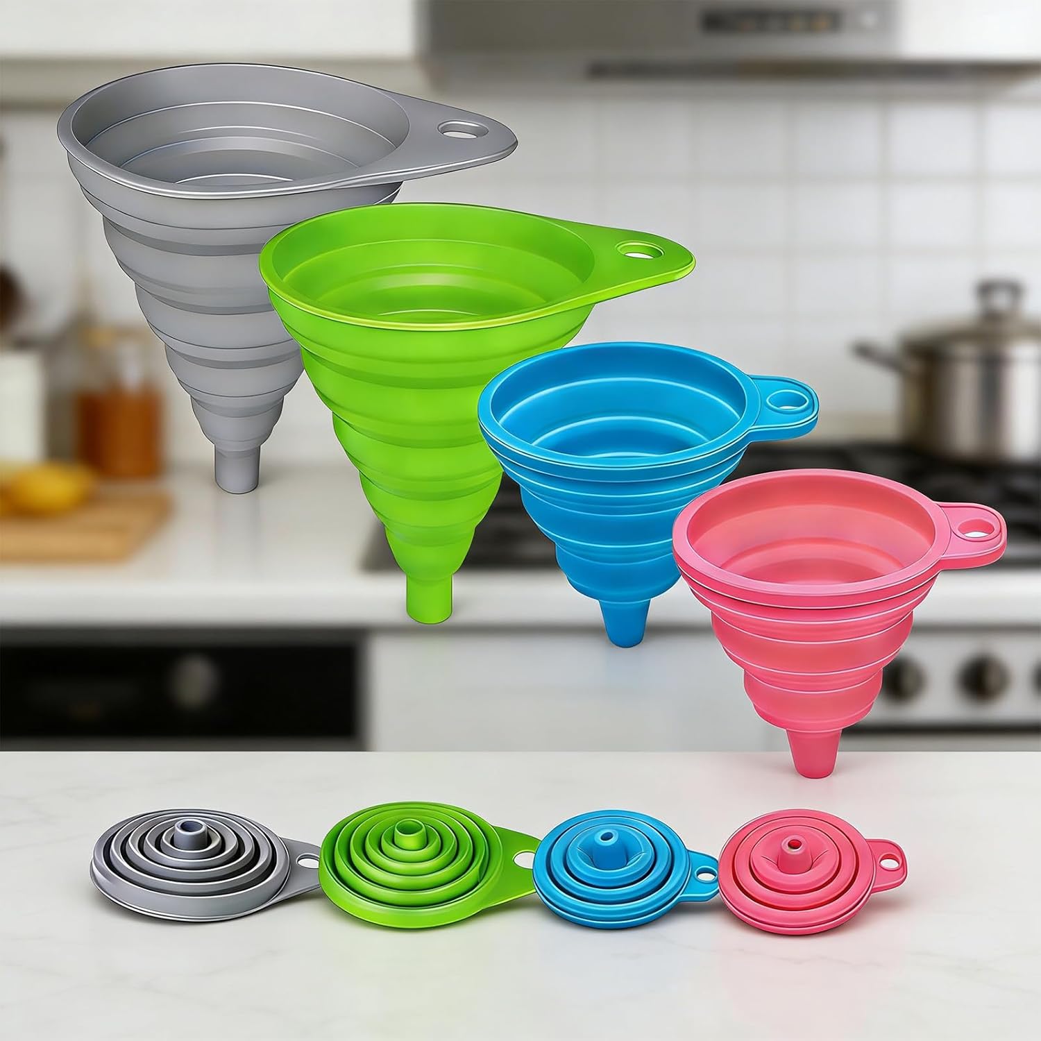 Kitchen Funnel Set 4 Pack, Collapsible Silicone Funnels Small and Large for Filling Water Bottles, Dishwasher Safe Food Grade Funnel for Liquids, Oil, Easy Clean & Drip-Free Design