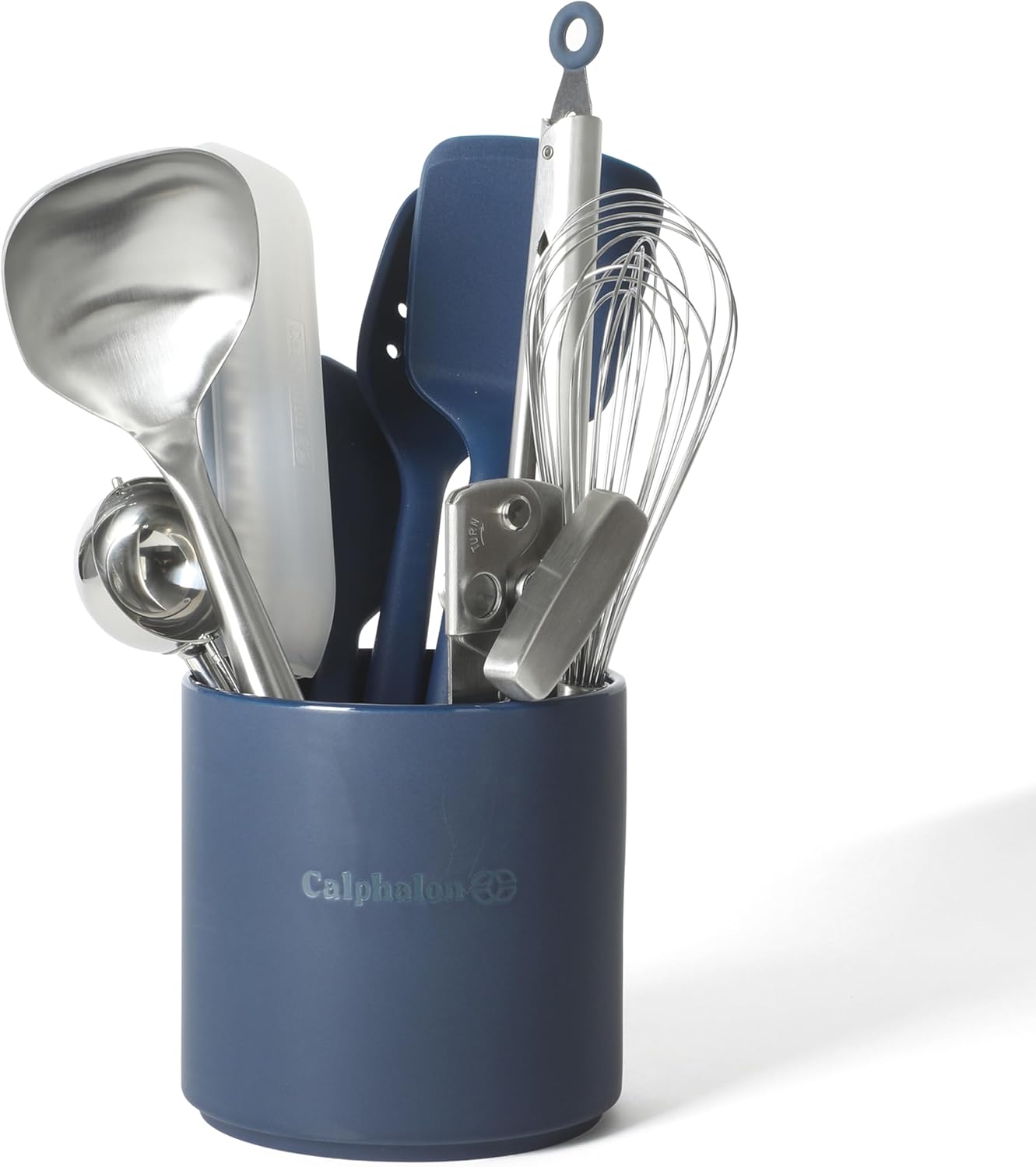 Calphalon Edge Kitchen Utensil and Gadget Set with Crock, 10-Piece Cooking Utensils, Navy, Stainless Steel and Silicone Tools and Gadget Set – Blue
