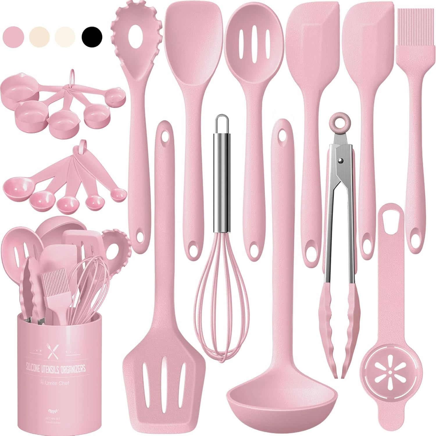Umite Chef 22-Piece Silicone Cooking Utensils Set, Heat Resistant & Dishwasher Safe Kitchen Tools, Non-Scratch Spatula Set for Nonstick Cookware (Pink)