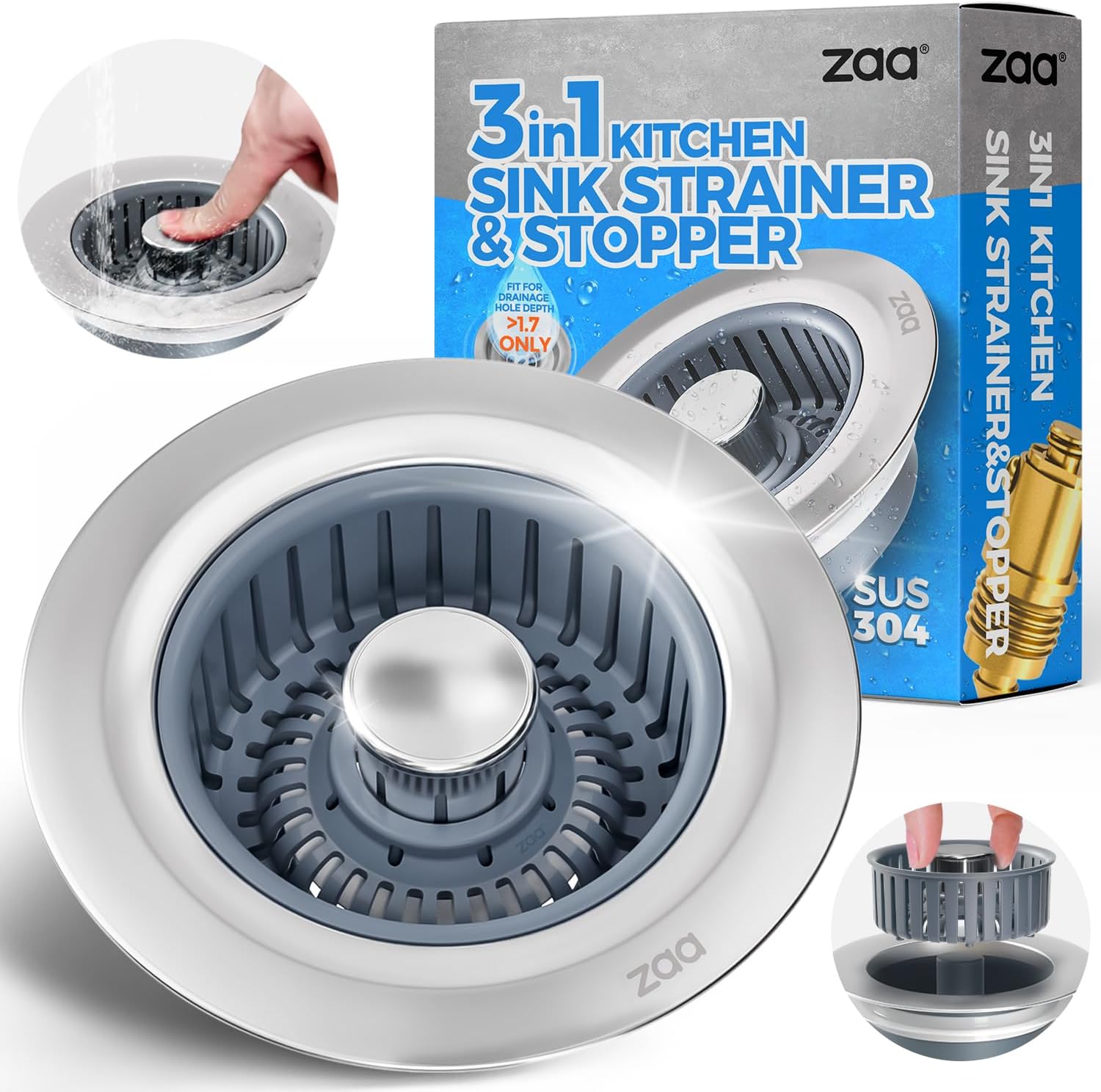 Sink Drain Strainer – Sink Stopper Kitchen Drain, 3 in 1 Kitchen Sink Drain Strainer with Anti-Clogging Basket, Kitchen Gadgets Clearance Sink Accessories, Fit US Standard 3-1/2” Sink Hole, Silver