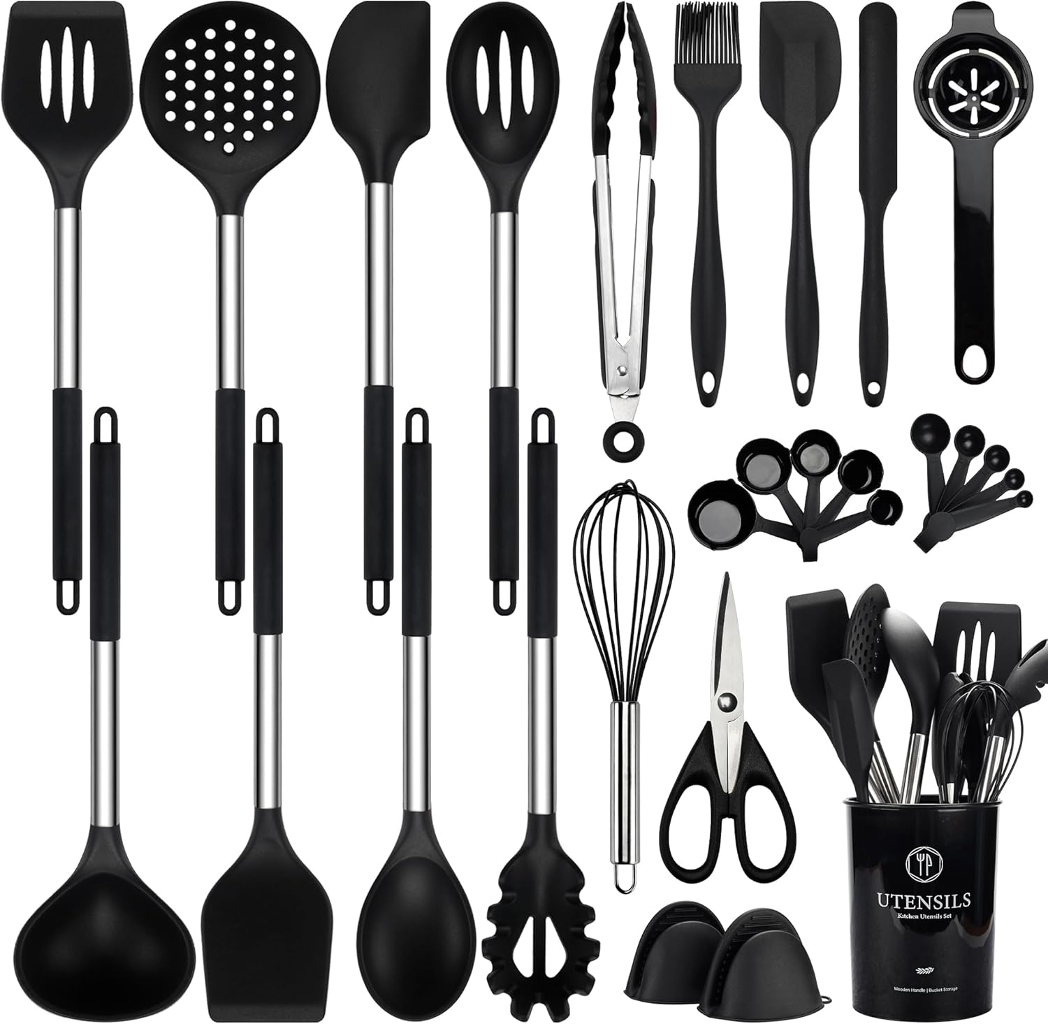 NCUE Silicone Cooking Utensils Set, 28 Pcs Kitchen Utensils Set 446°F Heat Resistant Spatula Set, Food Grade Silicone and Stainless Steel Handle Kitchen Gadgets for Nonstick Cookware BPA Free