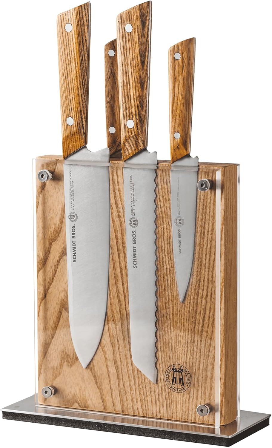 Schmidt Brothers – 5-Piece Natural White Oak Hex Knife Set, High-Carbon Stainless Steel Cutlery with Natural White Oak and Acrylic Magnetic Knife Block