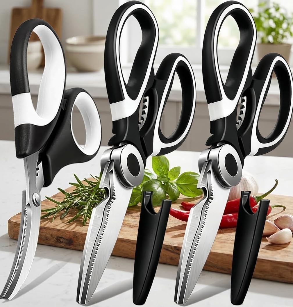 Kitchen Scissors All Purpose – 3 Pack Heavy Duty Stainless Steel Cooking Shears for Cutting Meat, Fish, Poultry, Vegetables, Food Prep, Multipurpose Sharp Kitchen Scissor Set, Dishwasher Safe, Black