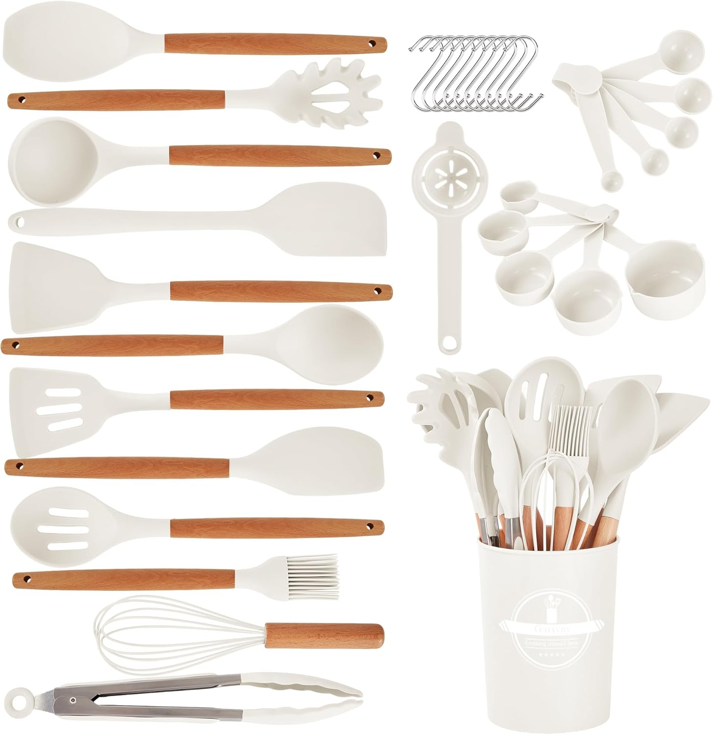 Kitchen Utensils Set – 34 PCS Non-Stick Silicone Cooking Utensils Set Spatula Set with Holder, Wooden Handle Spoon,Brush,Whisk Kitchen Gadgets Tools Set for Nonstick Cookware (Cream White-34P)
