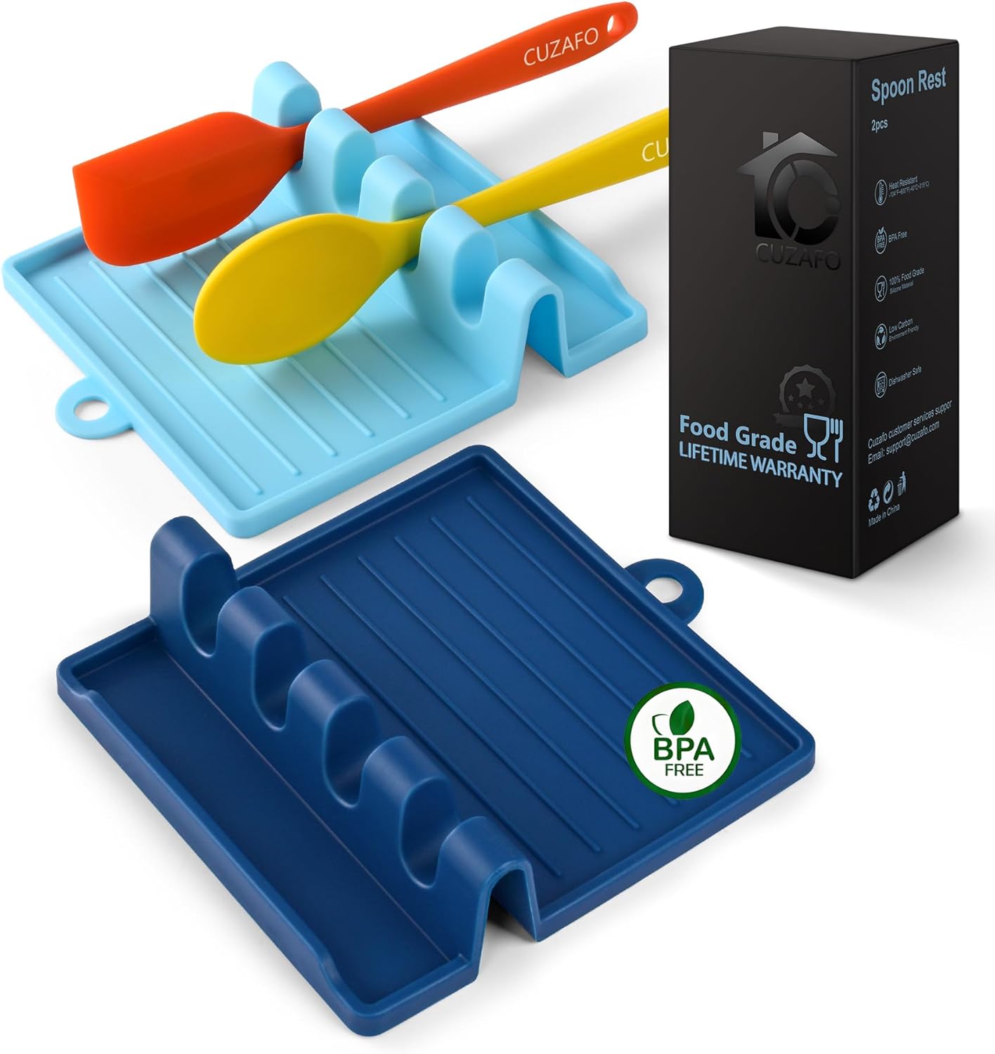 2-PACK 600°F Heat Resistant Silicone Spoon Rest, Multiple Utensil Rest, BPA Free Easy to Clean Dishwasher Safe, Blue (Deep+Light)
