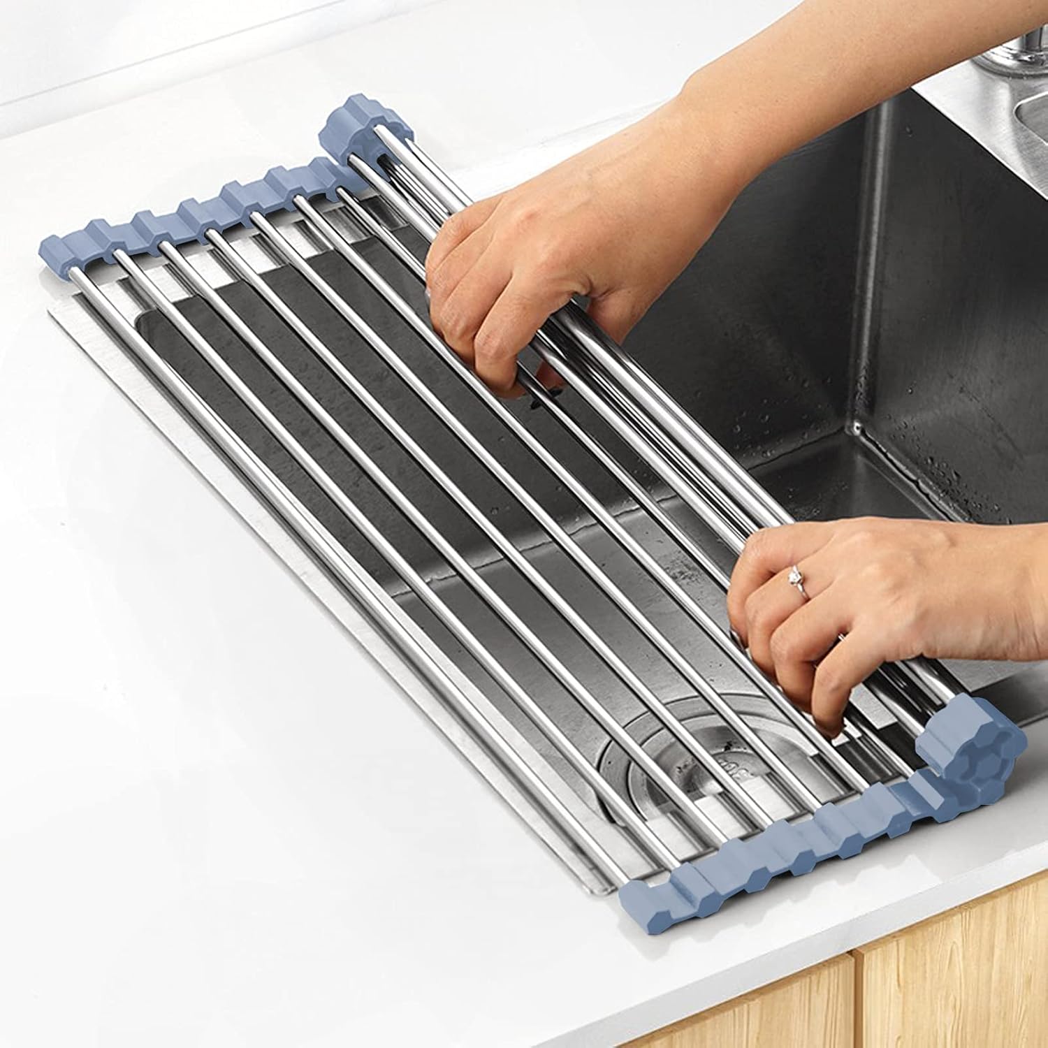 MECHEER Over The Sink Dish Drying Rack, Roll Up Dish Drying Rack Kitchen Dish Rack Stainless Steel Sink Drying Rack, Foldable Dish Drainer, 17.5”x11.8”