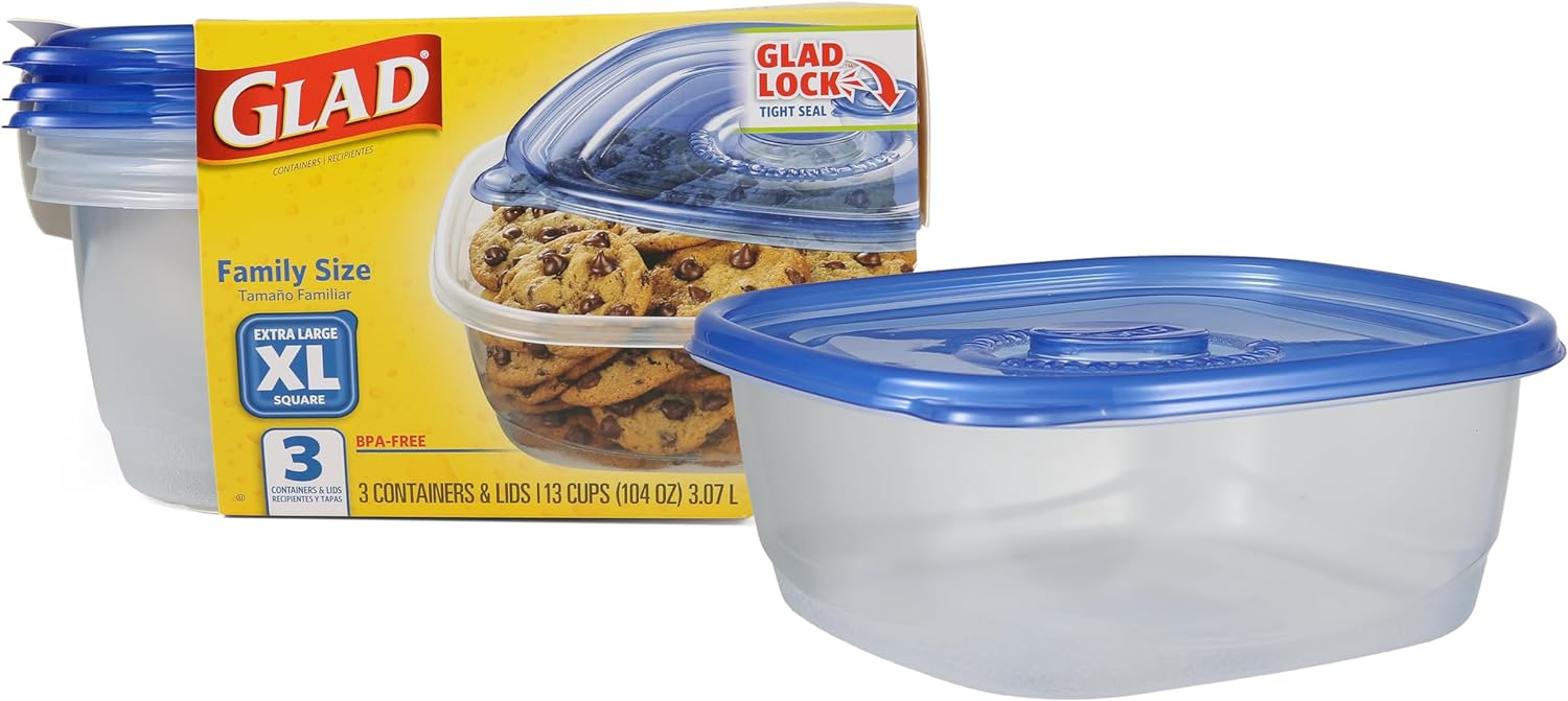 Glad GladWare XL Square Food Storage Containers with Lock Tight Lids, Family Size BPA Free Plastic Containers for Leftovers and Meal Prep, Reusable Dishwasher Safe, 104 Oz, 3 Count