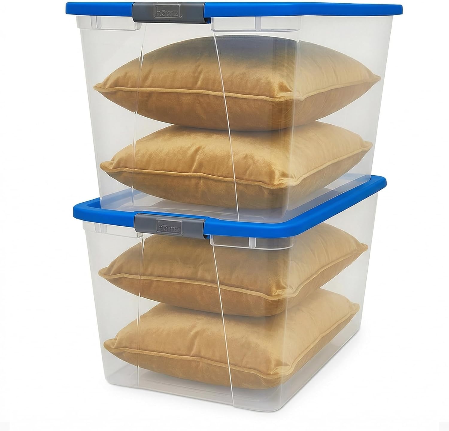HOMZ 2-Pack Secure Latch, Clear Plastic Storage Organizer Bins, 64 Quart, Blue Lid – Stackable Container Boxes for Bedroom, Bathroom, Garage, and Office Organization