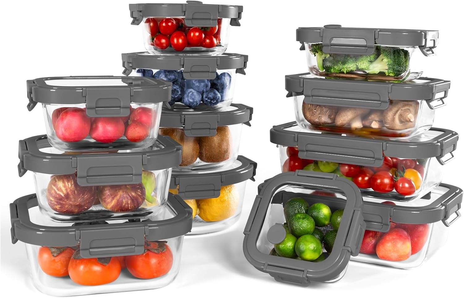 12-Pack Glass Containers with Tempered Lids – Borosilicate, Oven-Safe(-4°F~950°F), Airtight, BPA-Free, Multi-Size for Meal Prep, Dishwasher Safe (Gray)