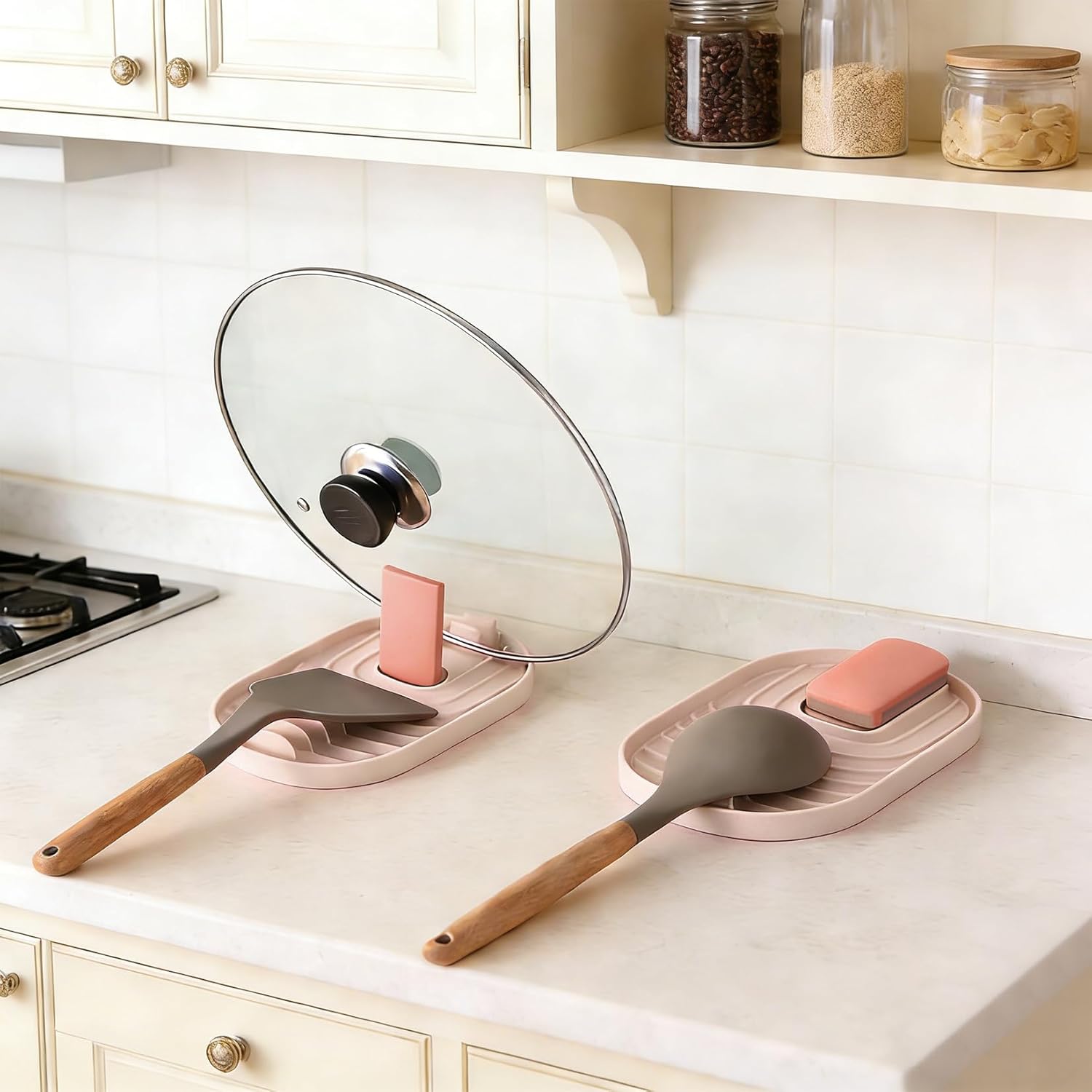2 Pcs Spoon Rest for Stove Top, Multifunctional Foldable Pot Lid Holder, Pan Pot Cover Lid Racks for Kitchen Gadgets Shelf Stand Holder Home Utensils(Pink)