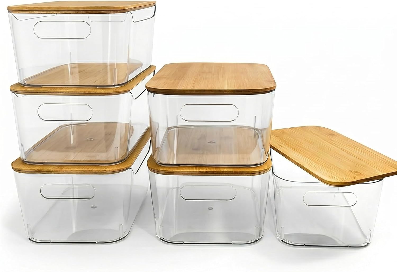 CiWiVOKi 6 Pack Clear Storage Bins with Bamboo Lids – Stackable Pantry Organization and Storage Containers with Handles – 3.7L Large BPA-Free Plastic Organizer for Kitchen, Fridge, Bathroom & Closet