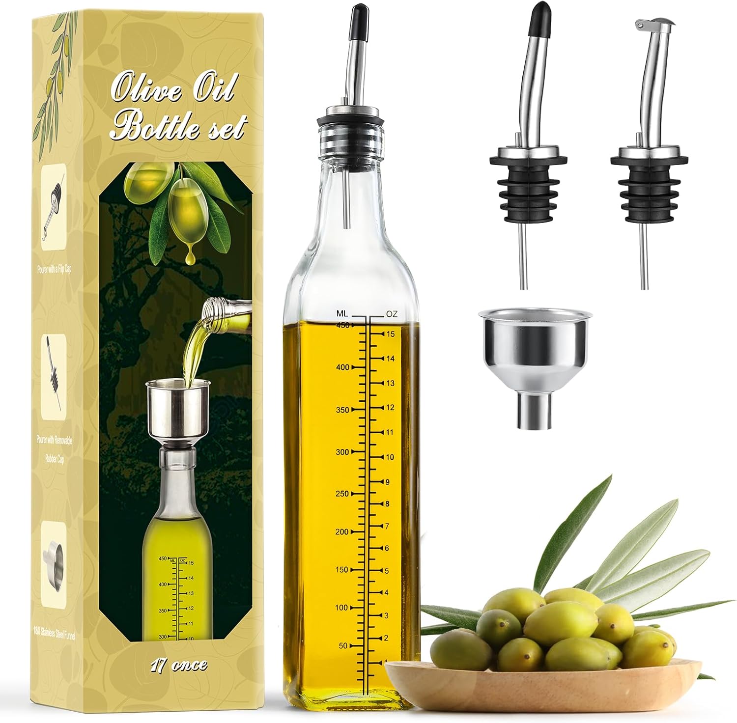 AOZITA 17oz Glass Olive Oil Dispenser Bottle – 500ml Clear -Oil & Vinegar Cruet with Pourers and Funnel – Olive Oil Carafe Decanter for Kitchen