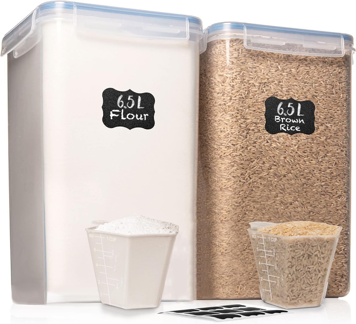 WHITE FEATHER SUPPLIES 2 PC [6.5L / 220 Oz] Large Flour Sugar Storage Containers – Leak Proof, BPA Free, Clear Plastic Food Storage Containers with Lids Airtight – Bulk Storage for Kitchen and Pantry