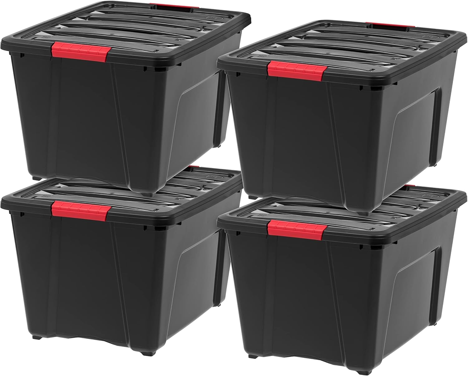 IRIS USA 51 L (54 QT) Plastic Storage Box with Lid and Latches – 4 Pack – BPA-Free, Garage Organizing Solution, Durable Nestable Stackable Containers, Secure Pull Handle – Black