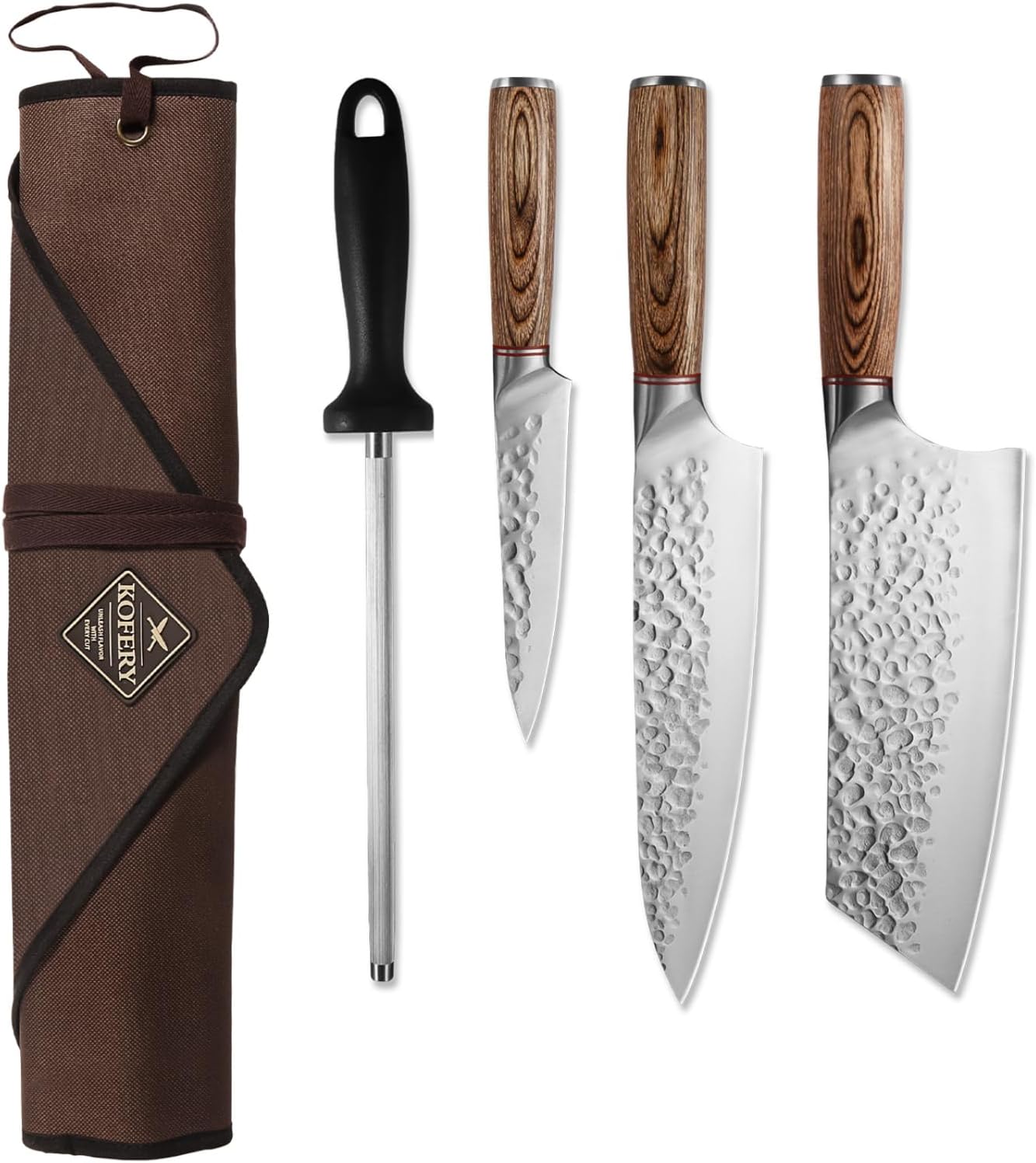 KOFERY 5PCS Chef and BBQ Knife Set with Roll Bag, High Carbon Stainless Steel Knives for Precise Cooking, Outdoor Meat Cutting(Include Sharpening Steel)