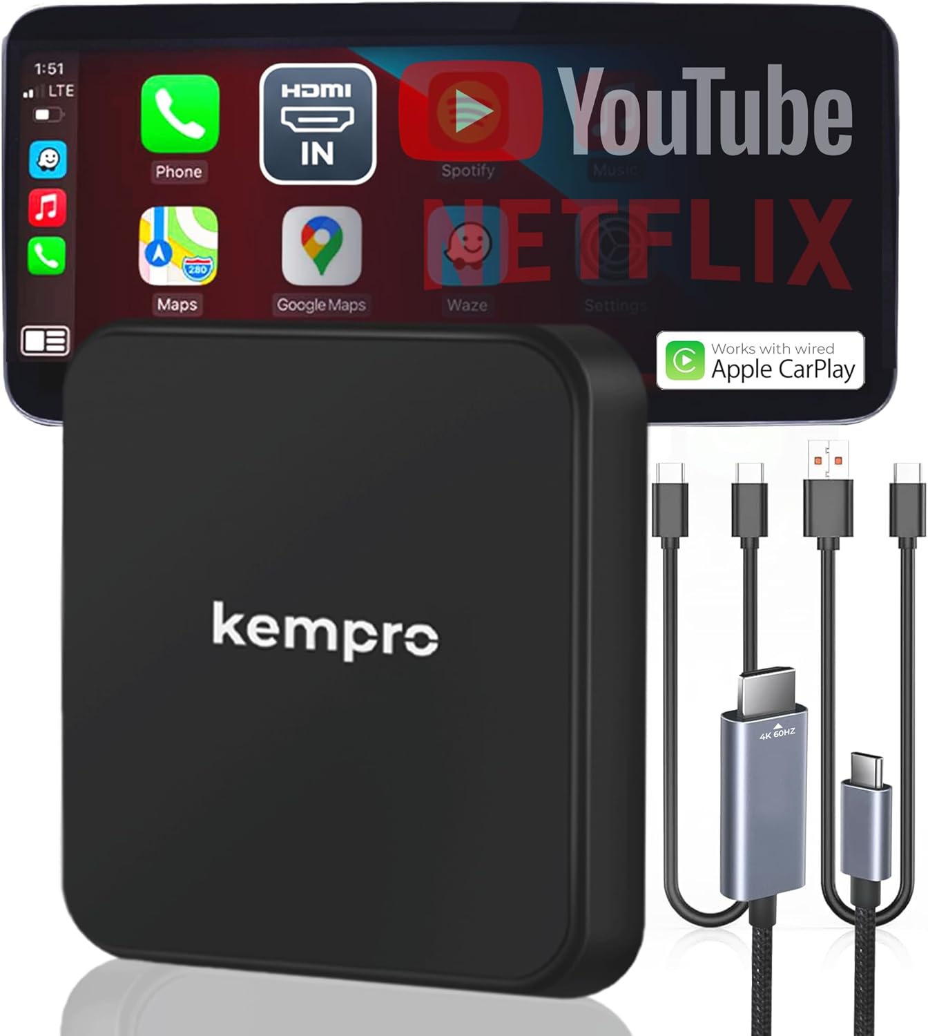 HDMI Wireless CarPlay Adapter – HDMI in for Watch Fire TV Stick, Switch & iPhone on Car Screen 2-in-1 Video Dongle for OEM Wired CarPlay USB A & C