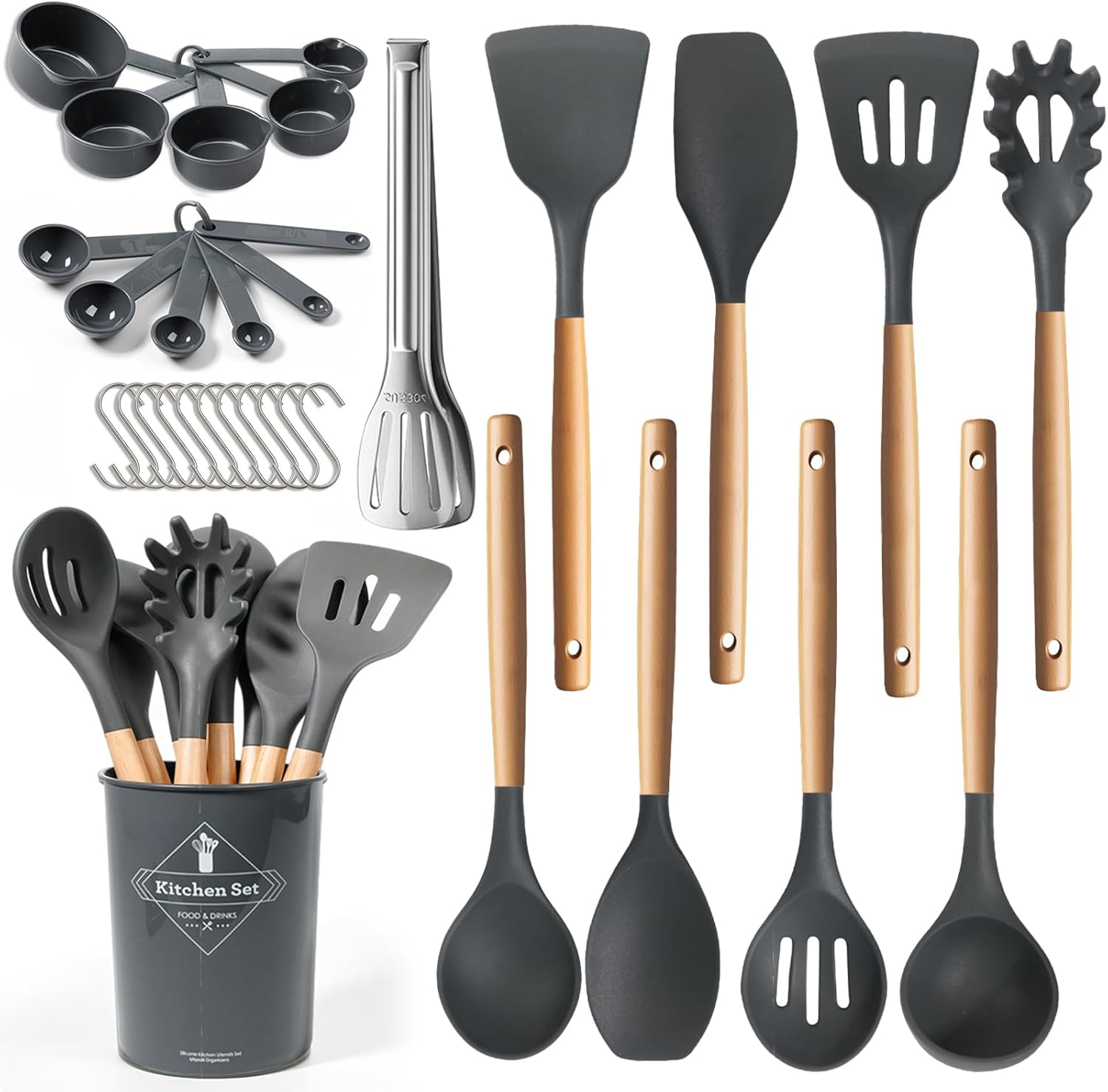 77L Silicone Cooking Utensils Set with Holder 32 PCS, Non-Stick Kitchen Cooking Utensils Set, Spatula, Turner, Tongs, Spatula, Spoon, Wooden Handle Kitchen Gadgets Utensil Set, Dishwasher Safe