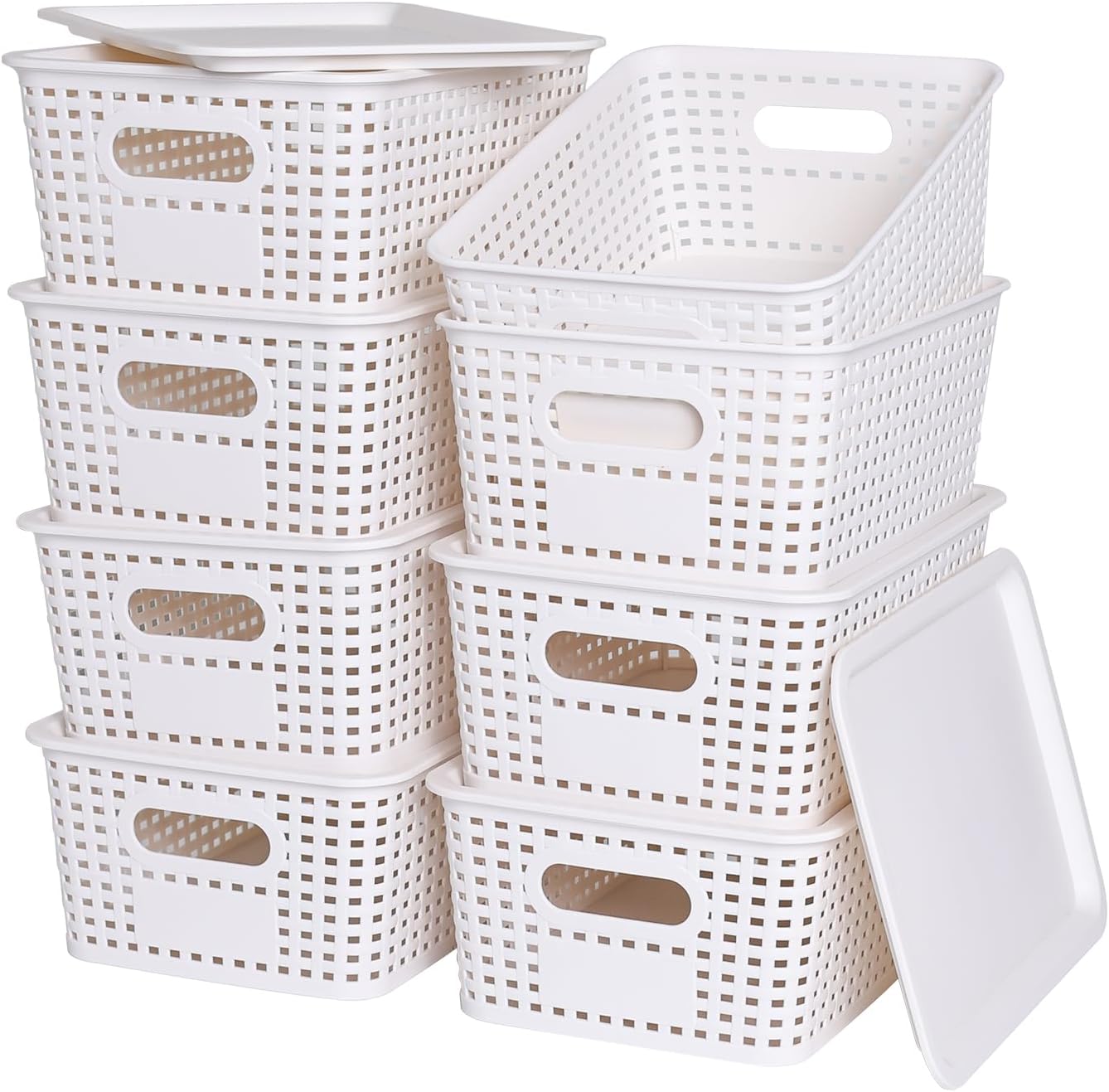 Plastic Storage Baskets with Lid-Plastic Storage Containers Stackable Storage bins: Storage Baskets for Organizing Shelves Drawers Desktop Closet Playroom Classroom Office,8 Pack-White10.2×7.2×4.1Inch